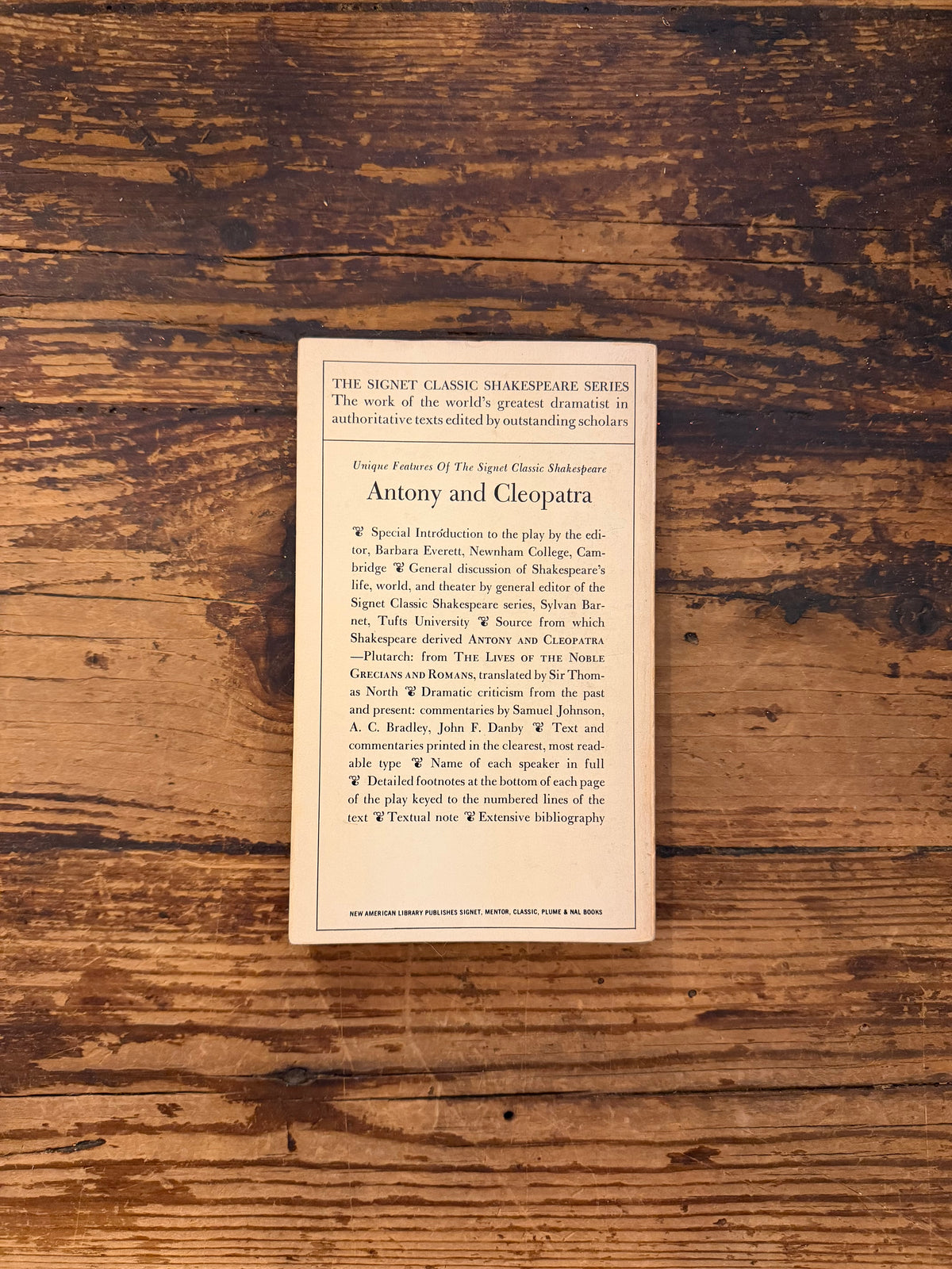photo of the cover of the book "Antony and Cleopatra" on a wooden background