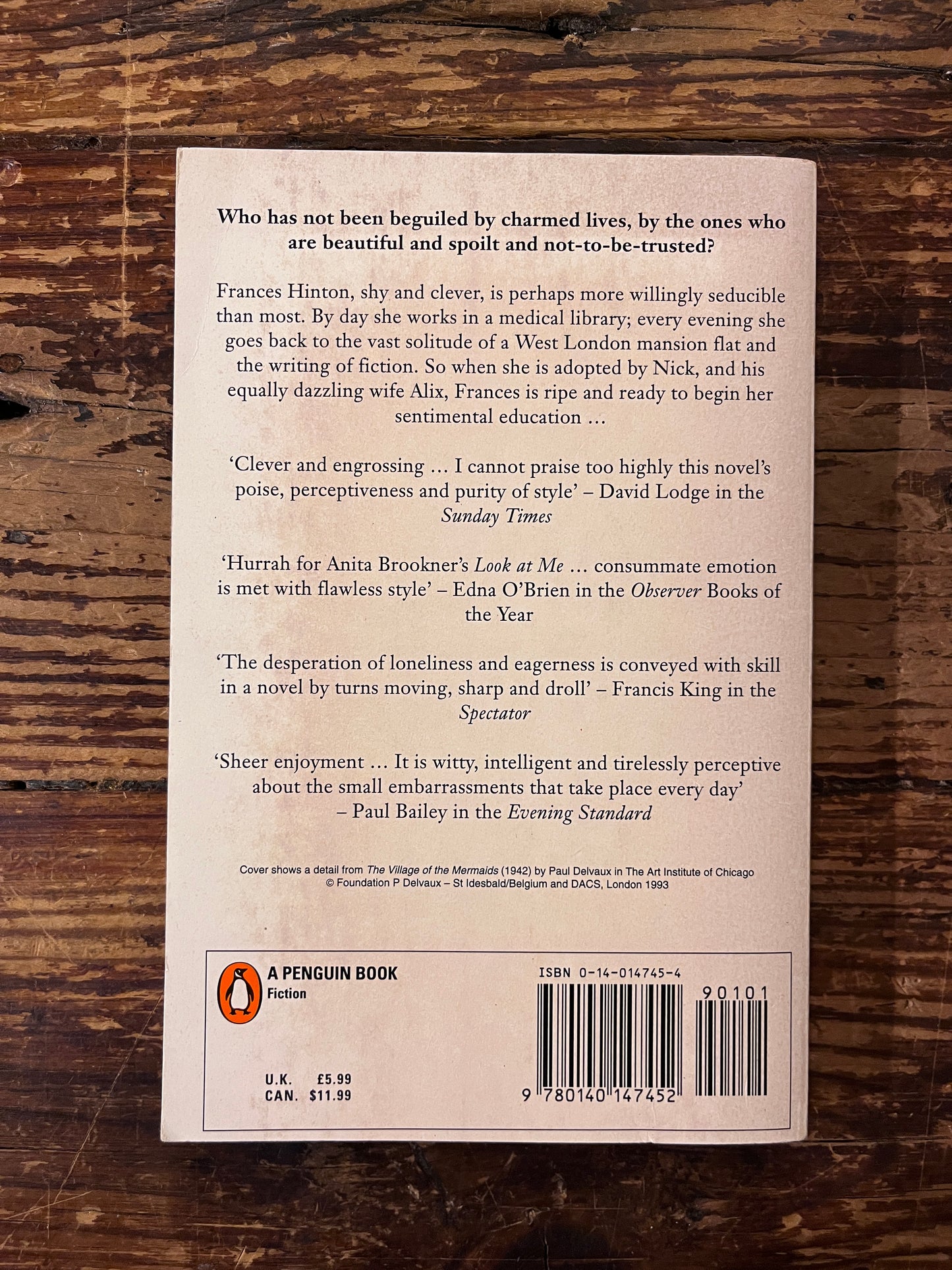 photo of teh backcover of the book " look at me" on a wooden background