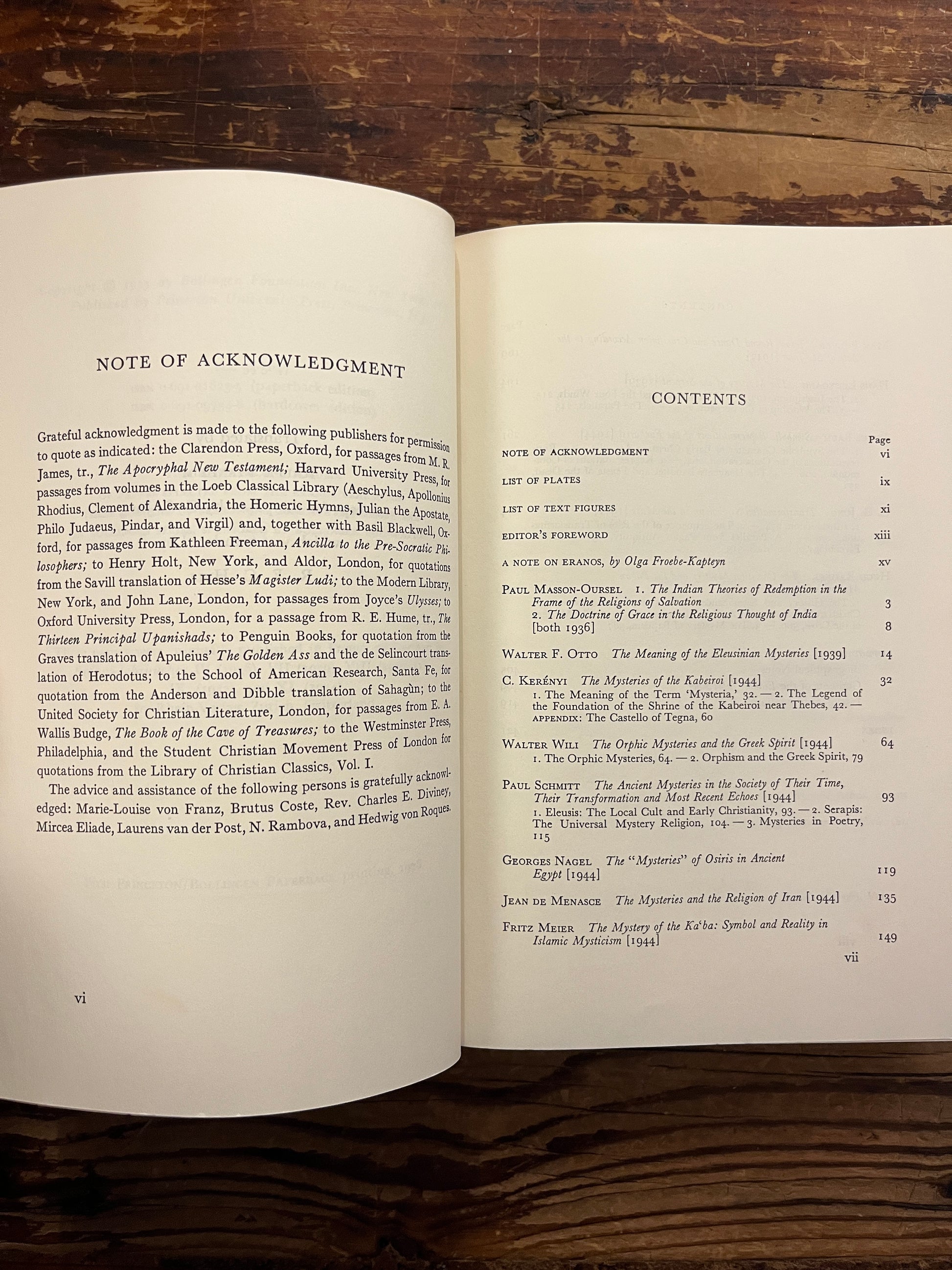 Open book showing the contents of a book titled 'The Mysteries, papers from the Eranos Yearbooks' on a wooden surface