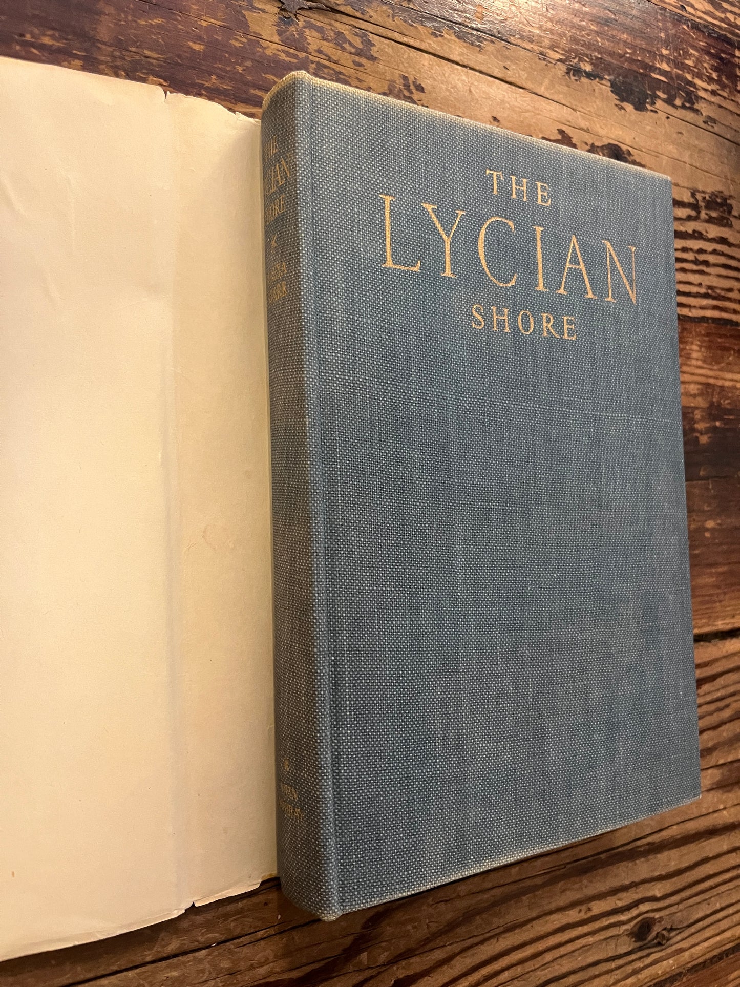 cloth book titled 'The Lycian Shore' by Freya Stark on a wooden surface