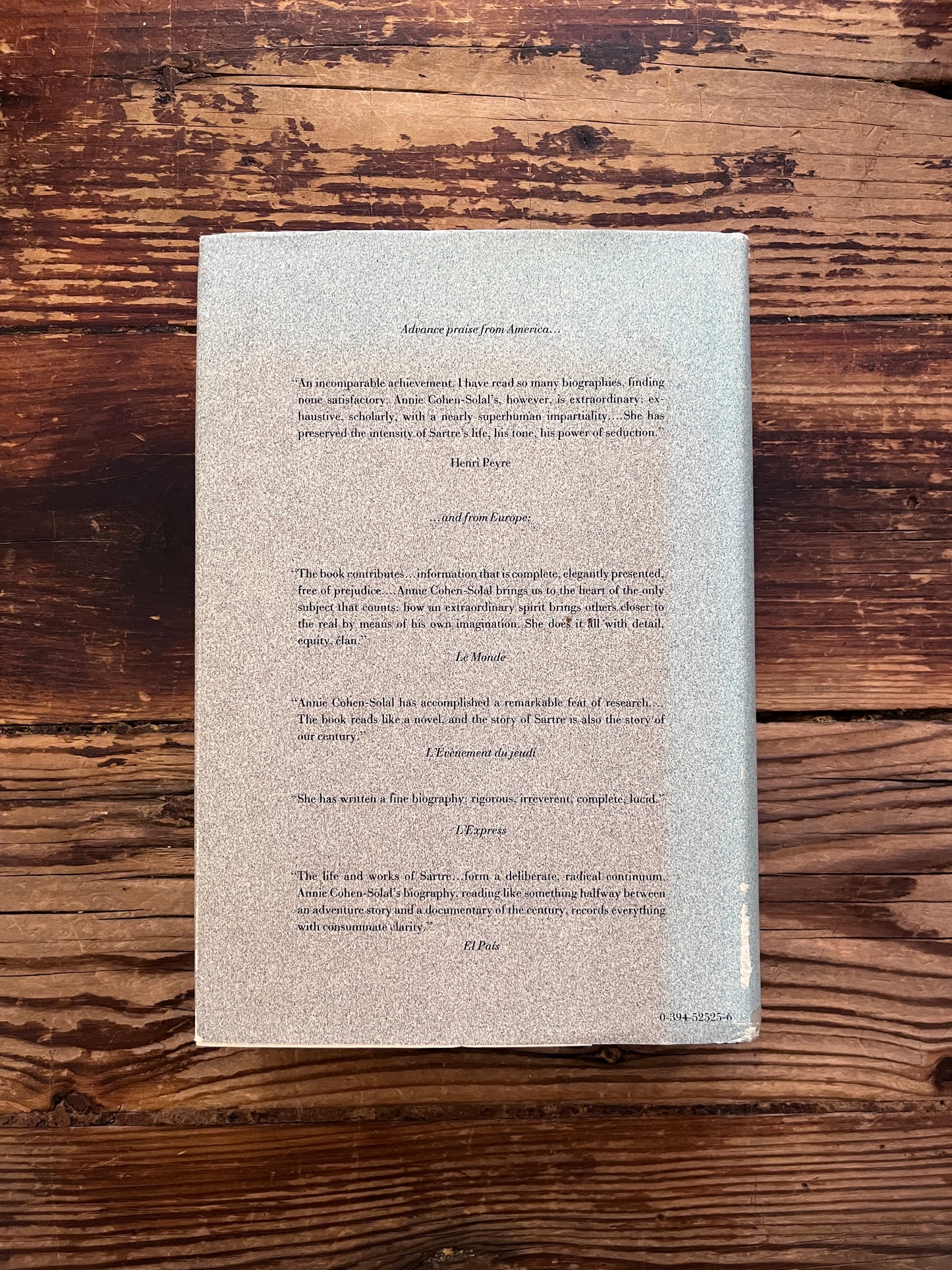 photo of the backcover of the book "sartre" on a wooden background