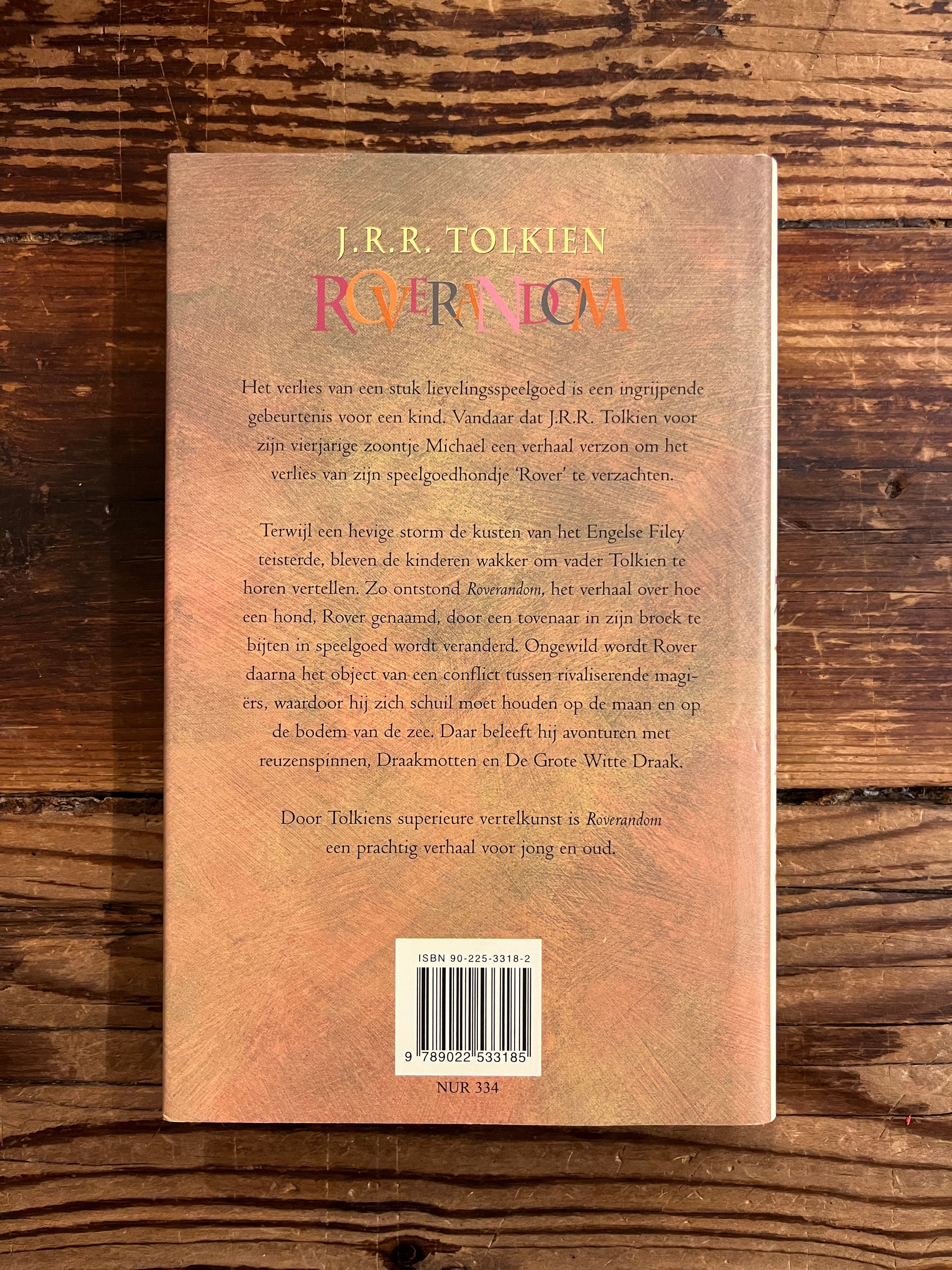 Achterkant van boek met de titel 'Roverandom' door J.R.R. Tolkien op een houten achtergrond 