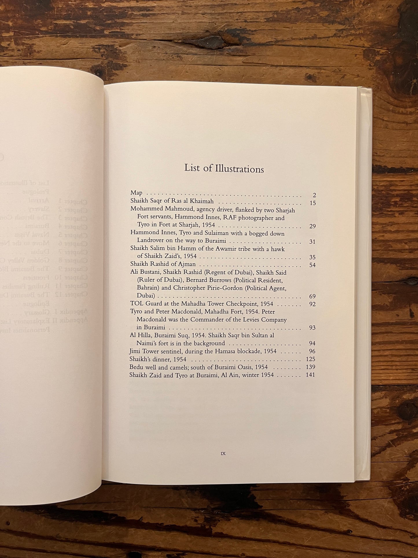 List of illustrations of book with the title 'Tyro on the Trucial Coast' by Julian Walker on a wooden surface