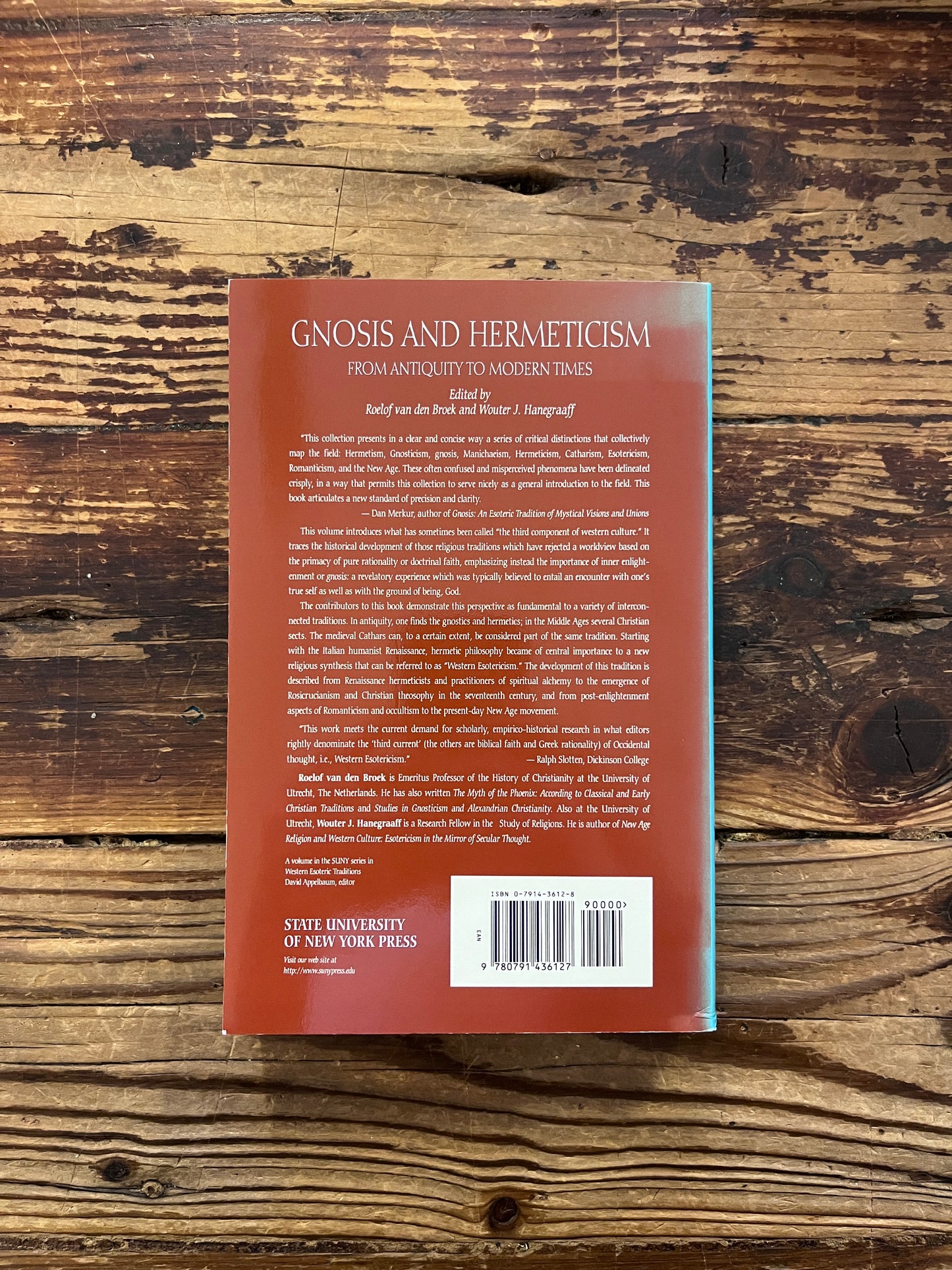 Back cover of a book titled 'Gnosis and Hermeticism: From Antiquity to Modern Times' edited by Roelof van den Broek and Wouter J. Hanegraaff op een houten achtergrond 