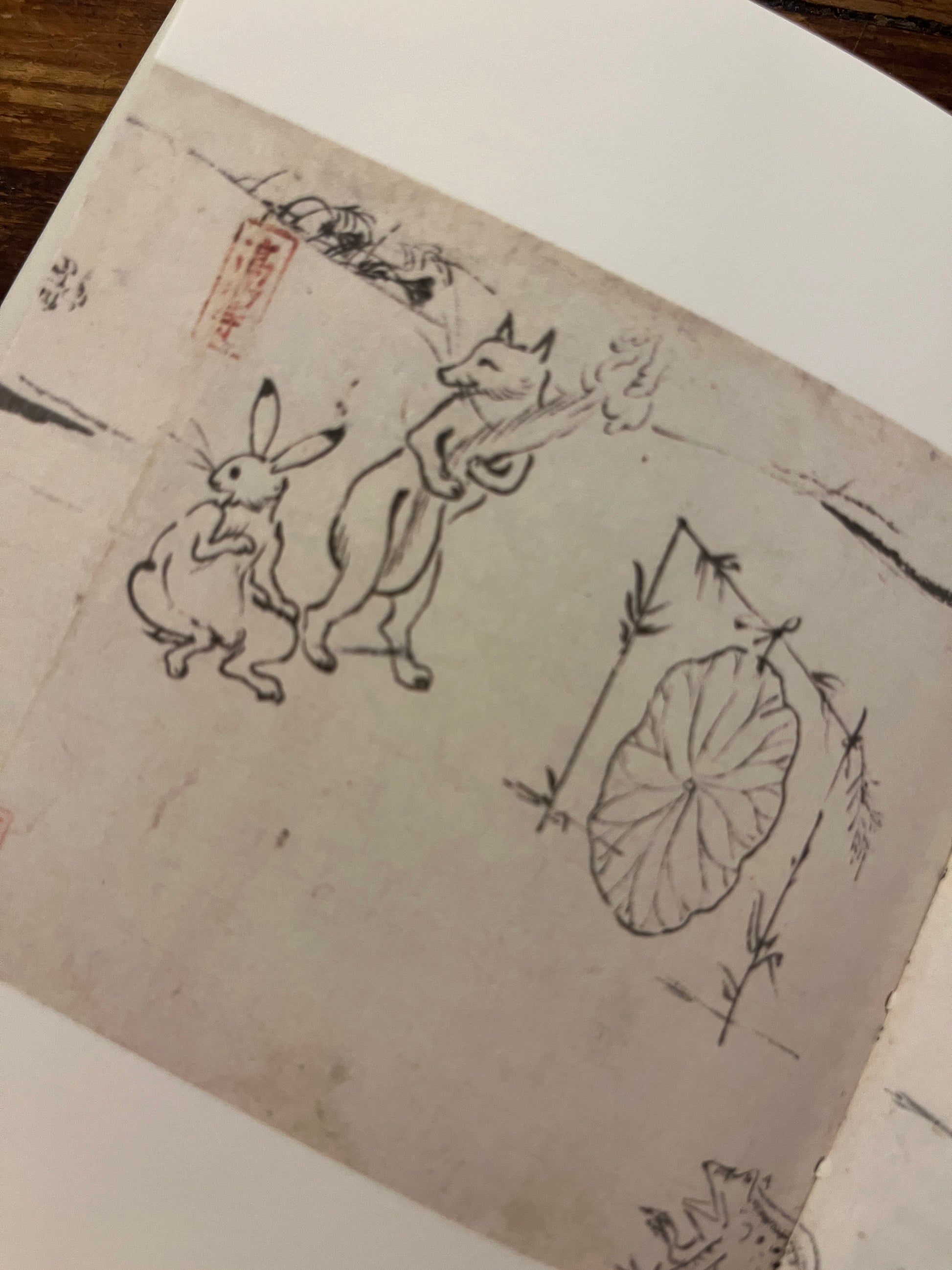 Open boek met illustratie de titel 'Over het Japanse klooster Kozan-ji en de beroemde dierentekeningen' door Cees Nooteboom, op een houten achtergrond