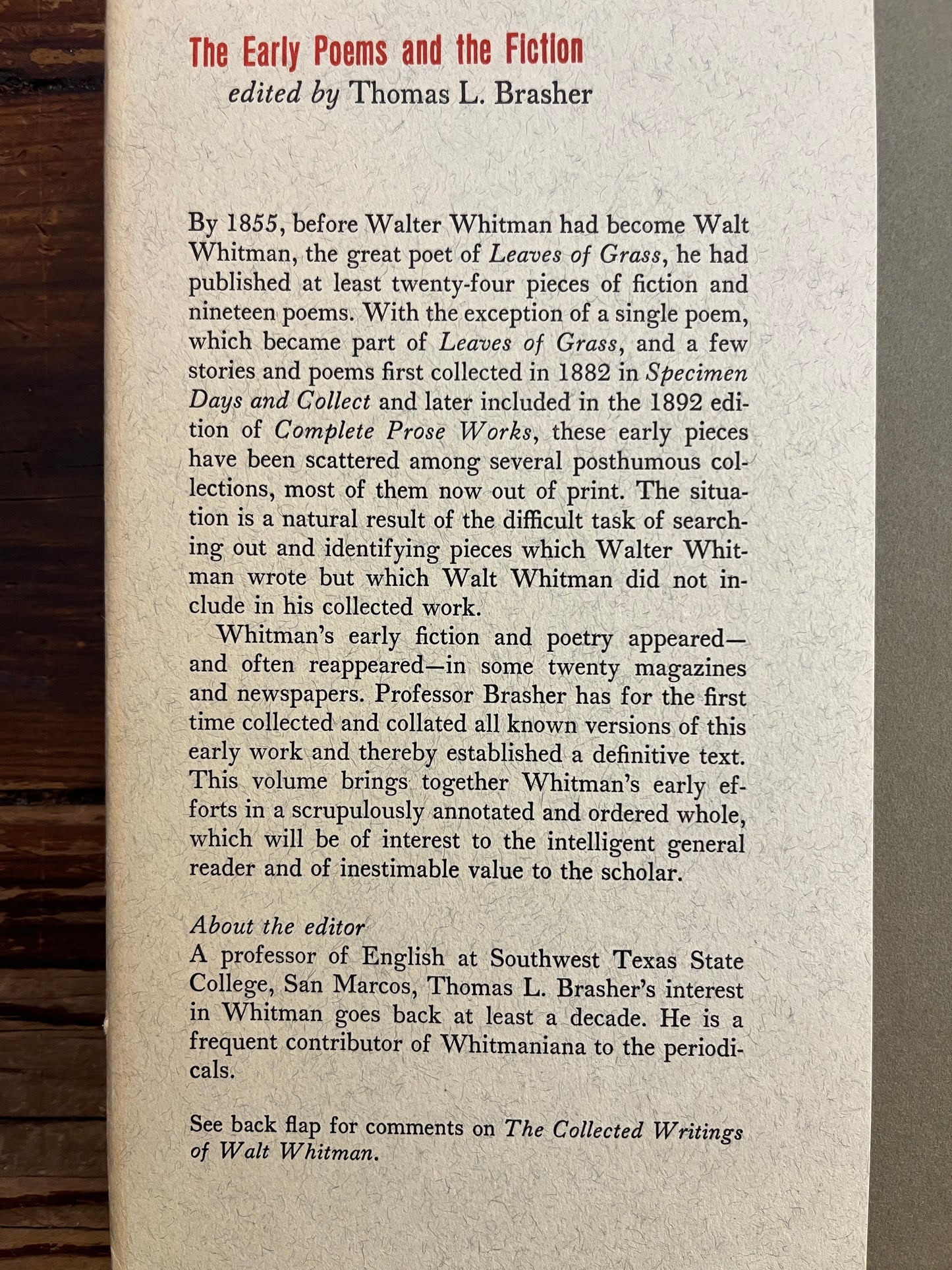 The Early poems and the fiction, the collected writings of Walt Whitman, Thomas L. Brasher
