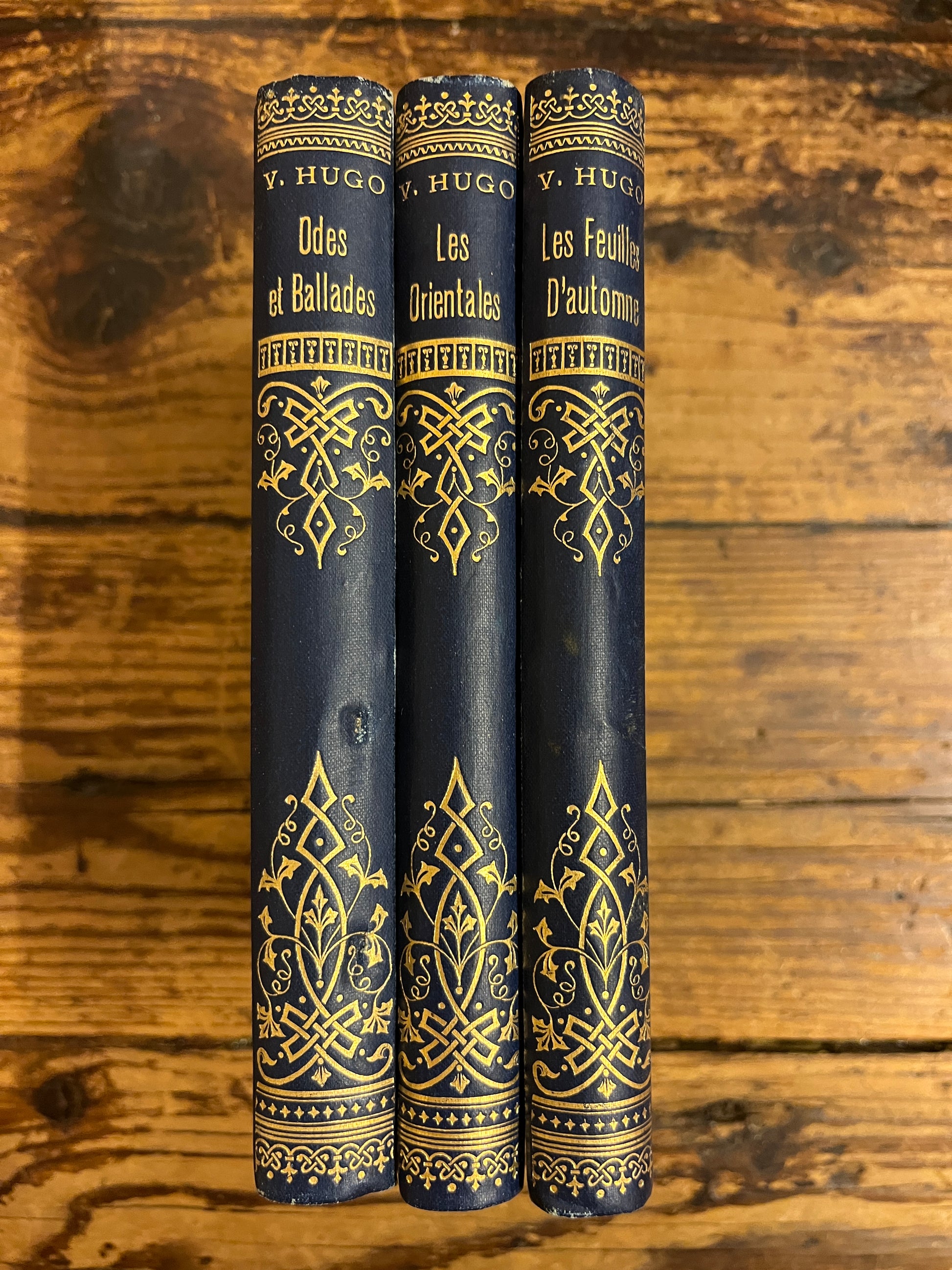 photo du dos des trois livres du set sur fond de bois