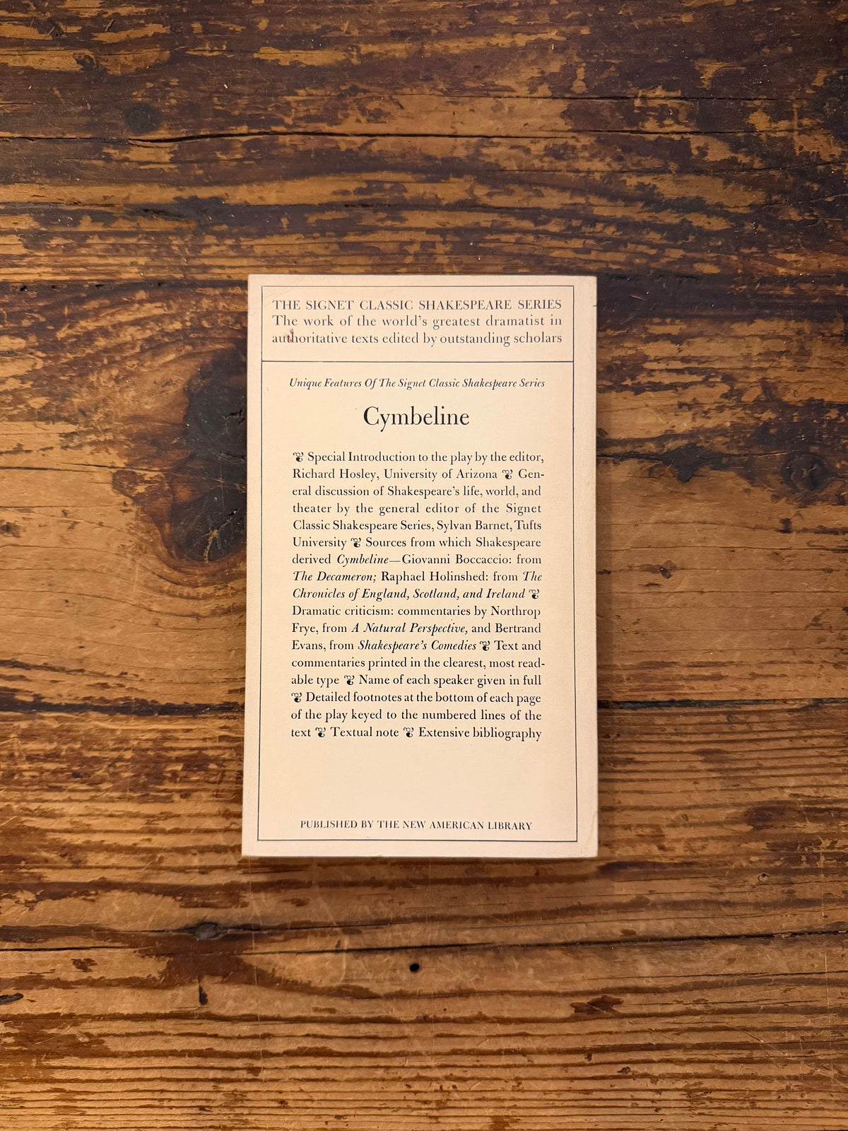 photo of the cover of the book "Cymbeline" on a wooden background