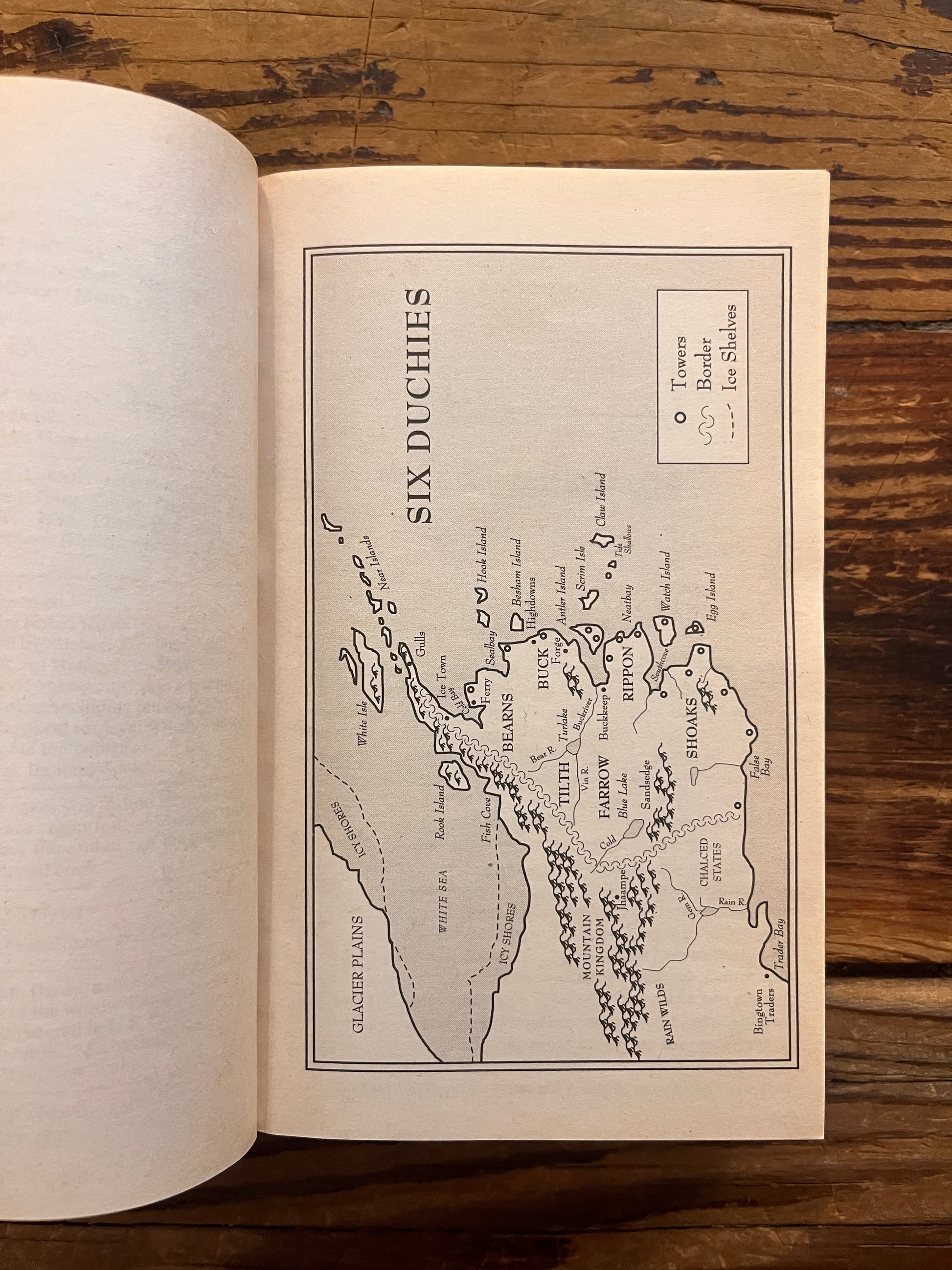 Open book titled 'Royal Assassin' by Robin Hobb on a wooden surface 