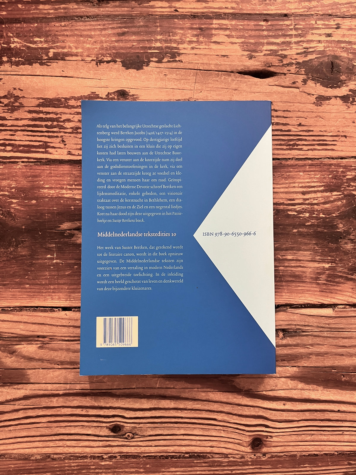 Achterkant van boek met de titel 'het werk van Suster Bertken' op een houten achtergrond