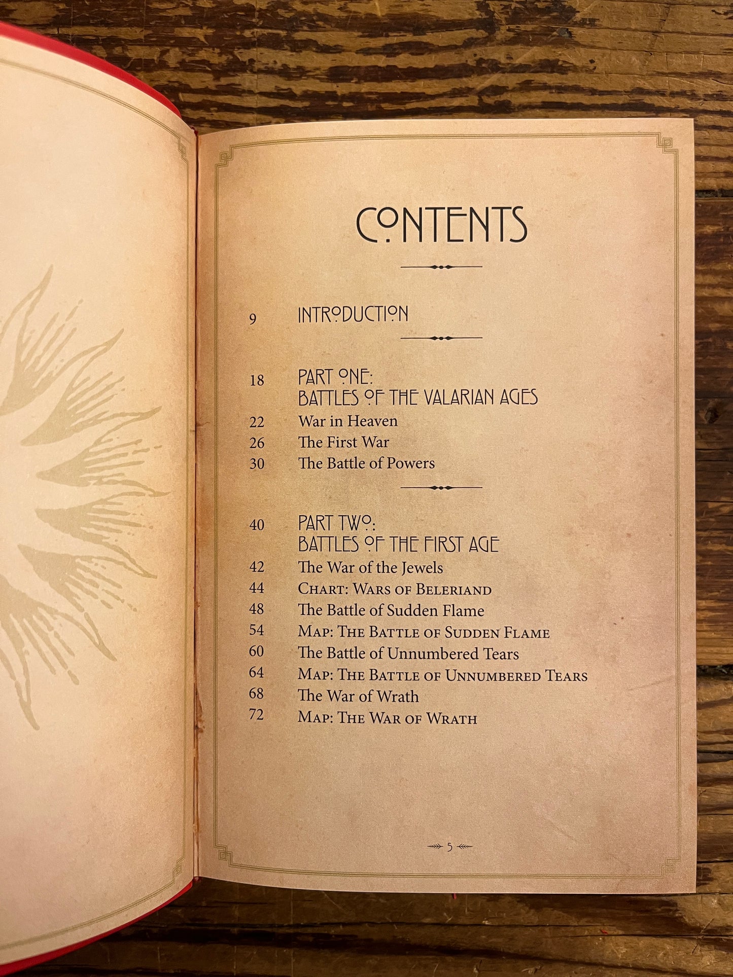 Contents of book titled 'The Battles of Tolkien' by David Day on a wooden surface