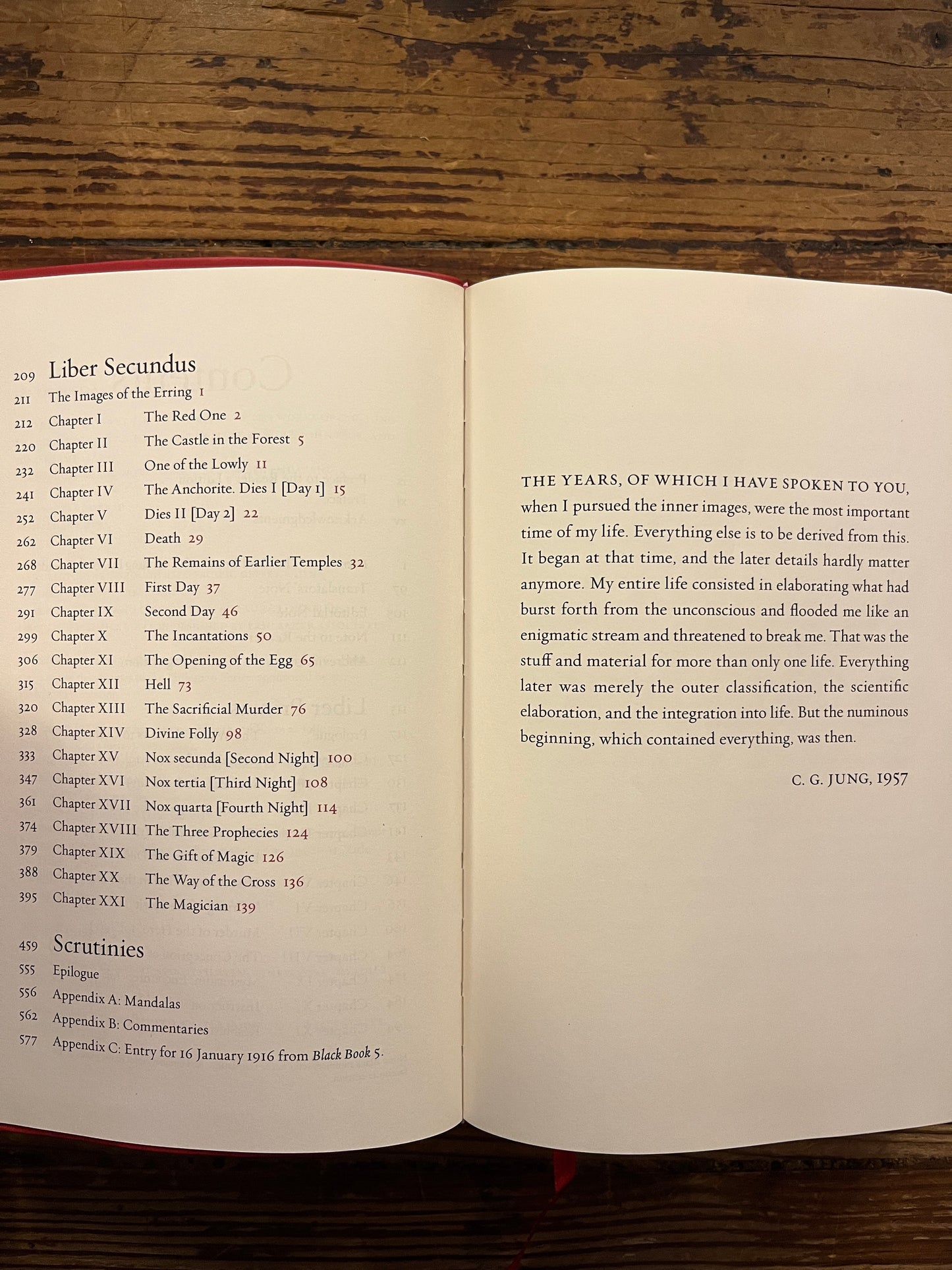 Open book titled 'The Red Book' by C.G. Jung on a wooden surface