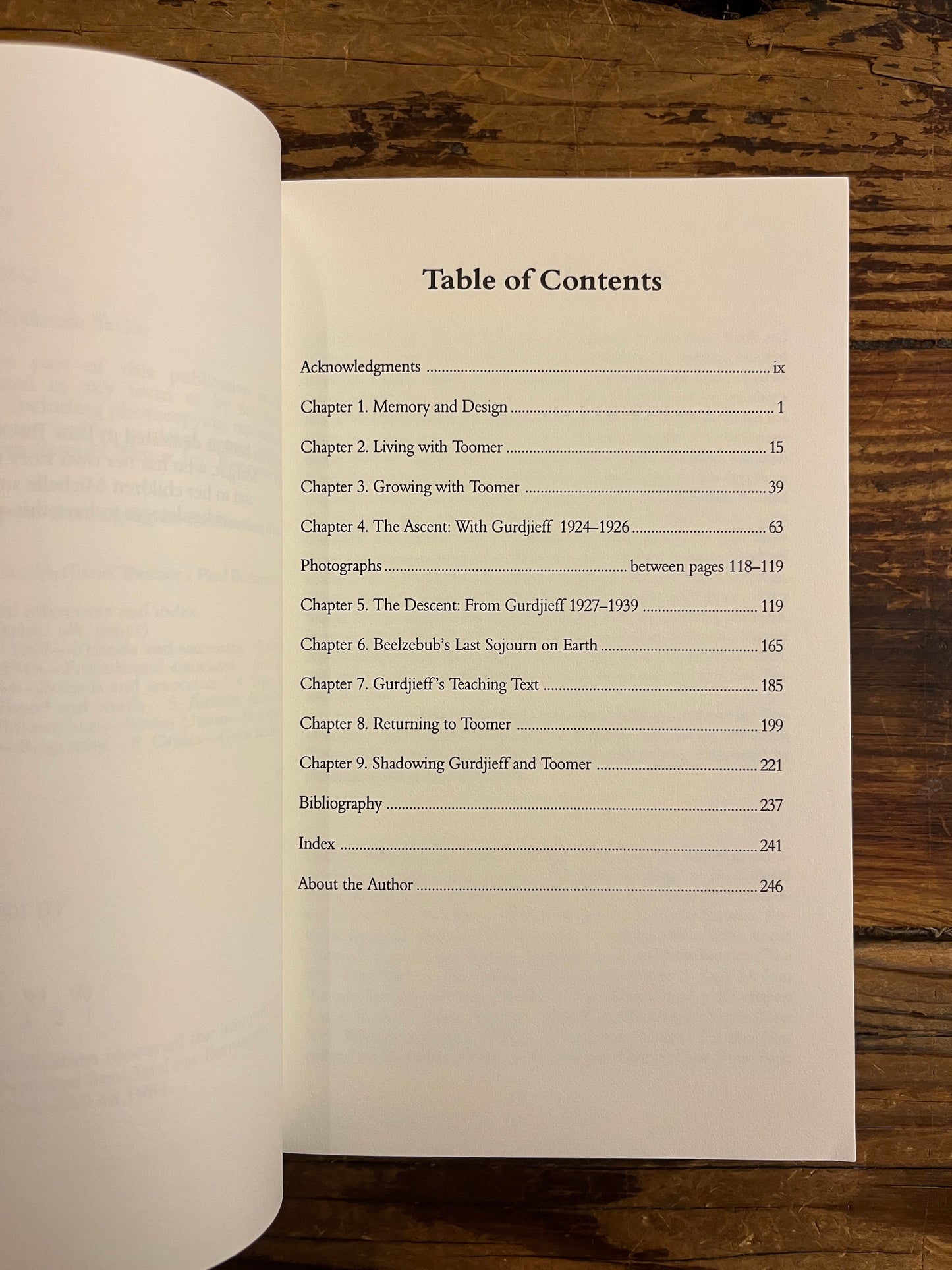 Table of contents of book titled 'Shadows of Heaven Gurdjieff and Toomer' by Paul Beekman Taylor on a wooden surface