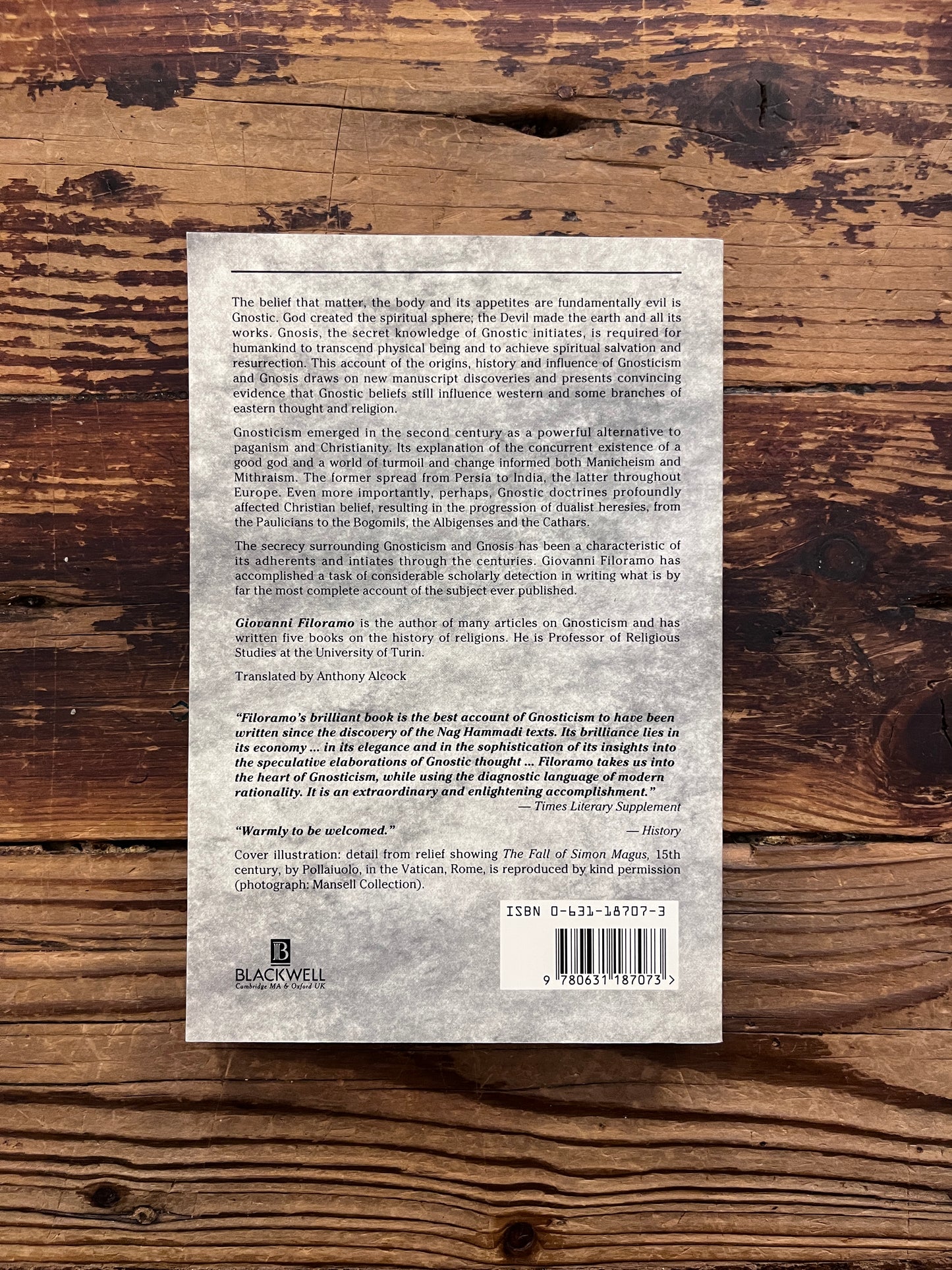 Back cover of a book titled 'A History of Gnosticism' by Giovanni Filoramo on a wooden surface