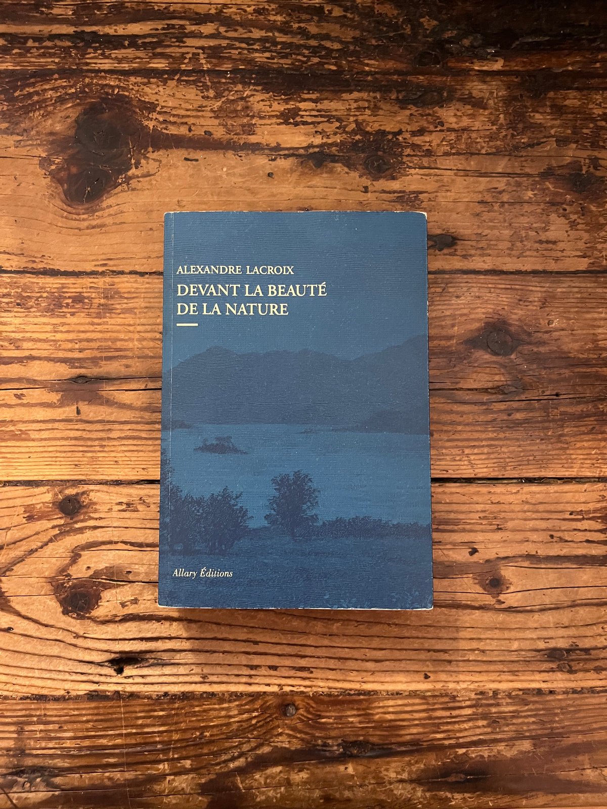 photo de la couverture du livre " devant la beauté de la nature" sur fond de bois