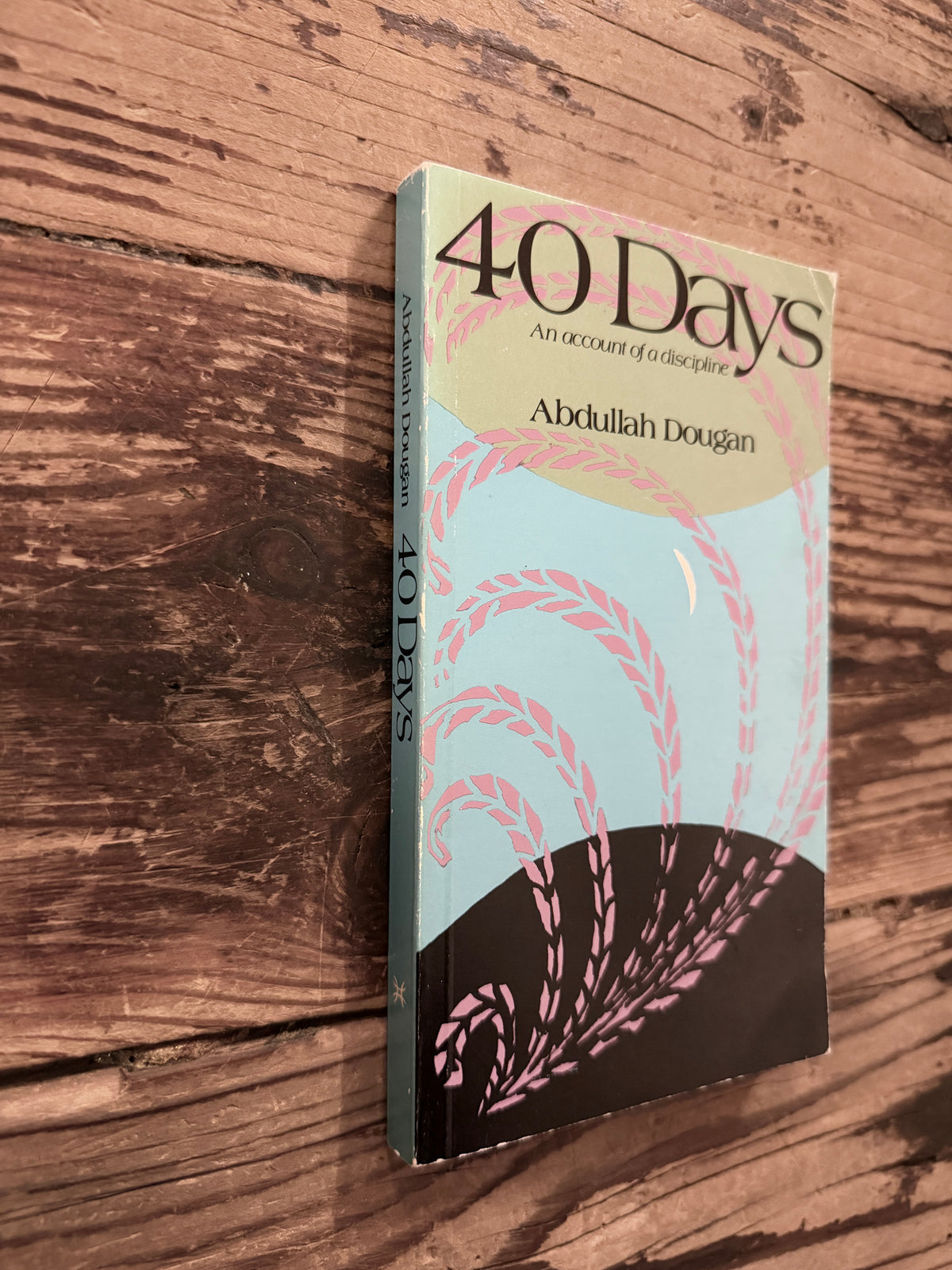 Front cover and spine of a book with the title '40 days, an account of a discipline' by Abdullah Dougan on a wooden surface 