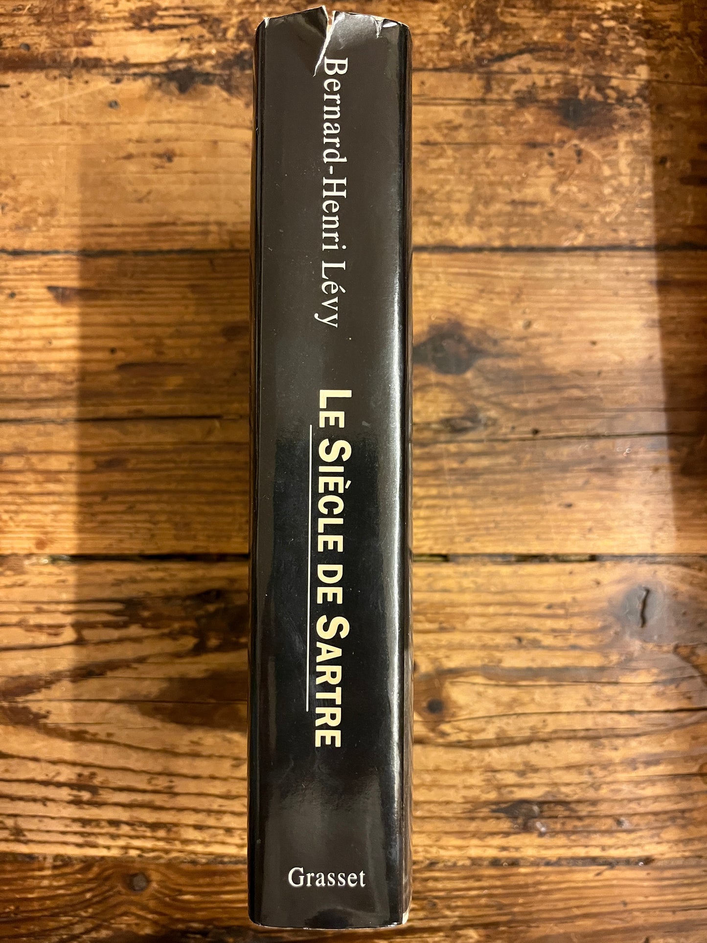 dos du livre "le siecel de sartre"sur fond de bois