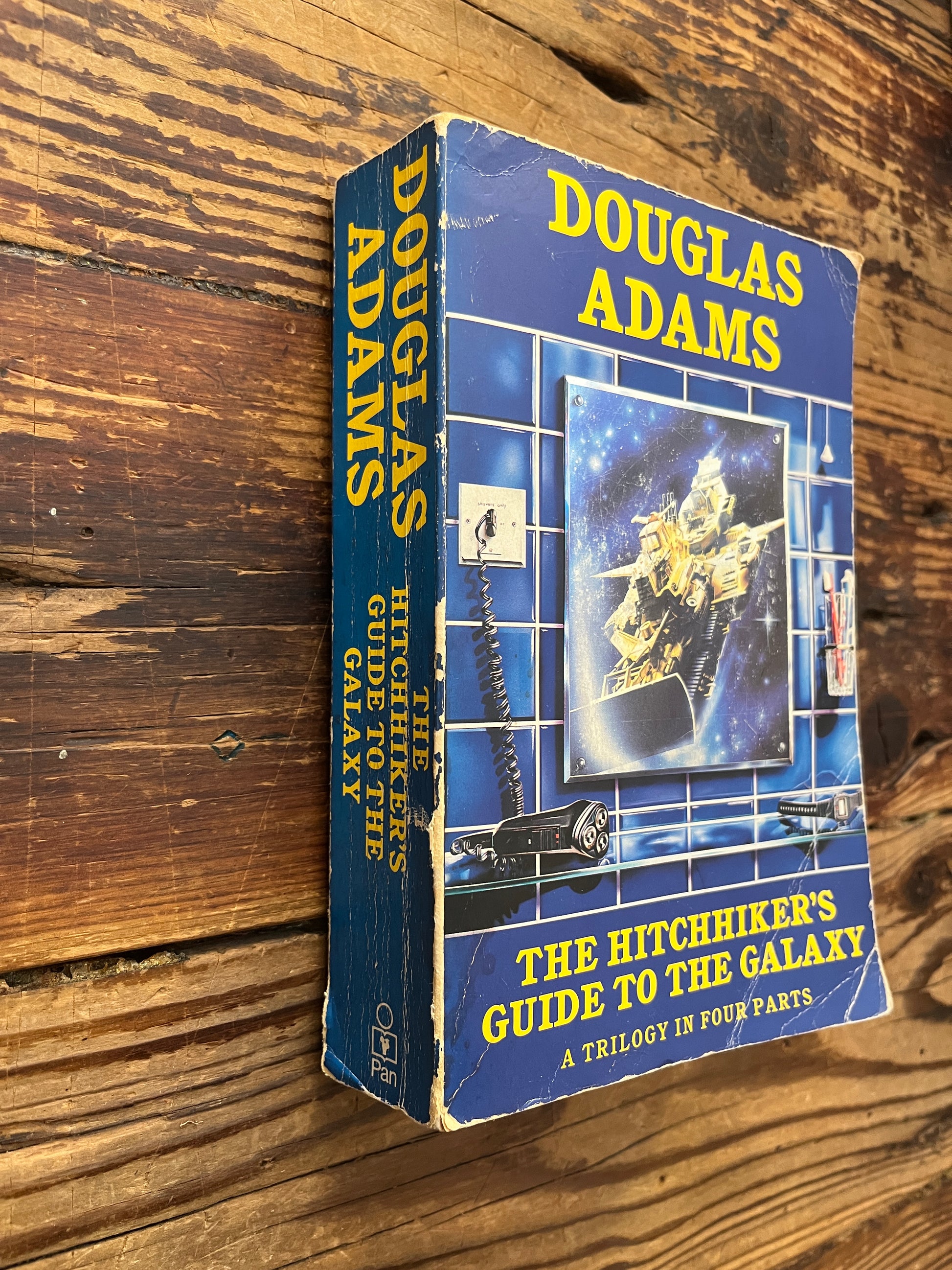 Spine of book titled 'The Hitchhiker's Guide to the Galaxy' by Douglas Adams on a wooden surface