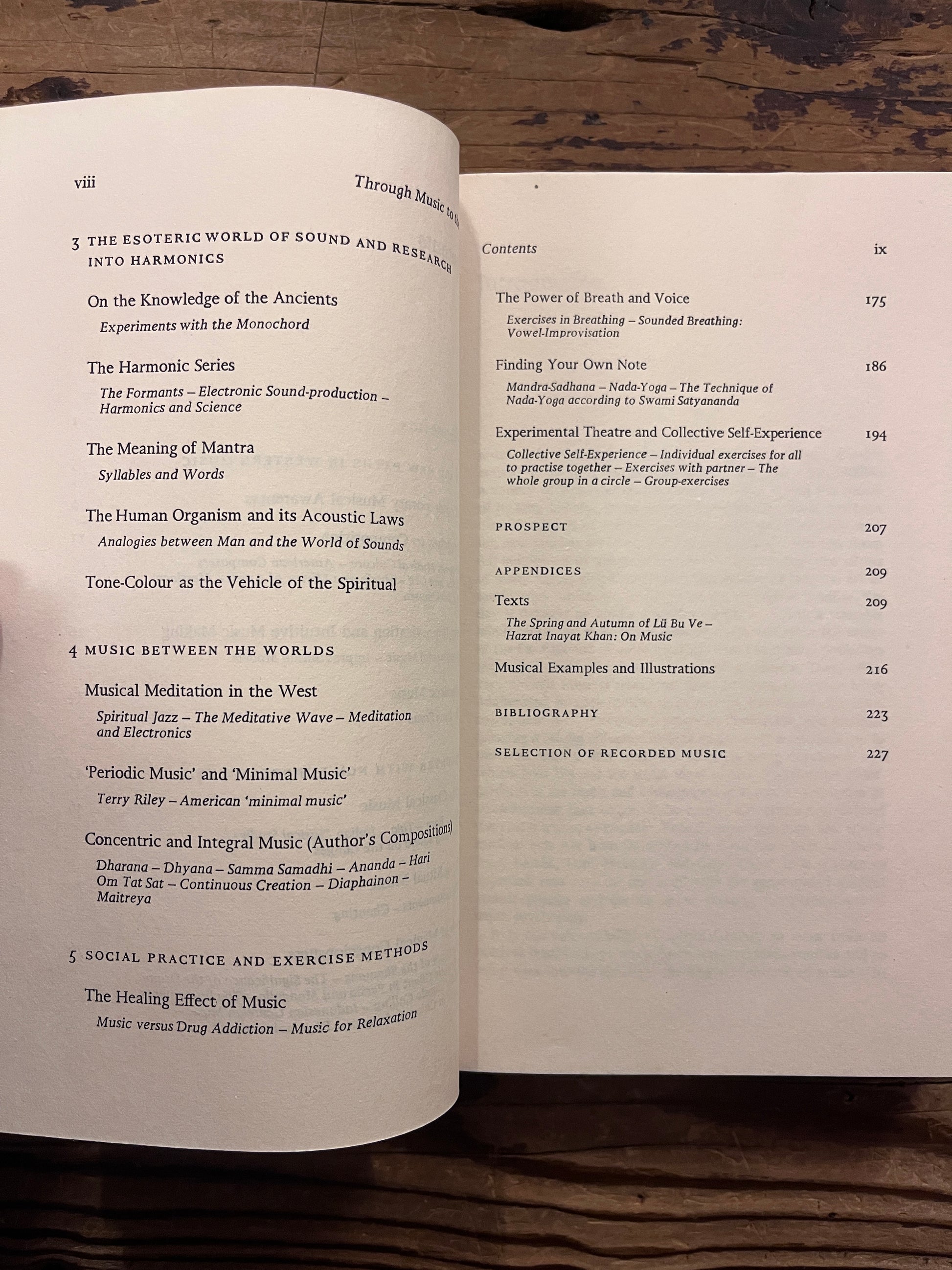 Book titled 'Through Music to the Self' by Peter Michael Hamel on a wooden surface