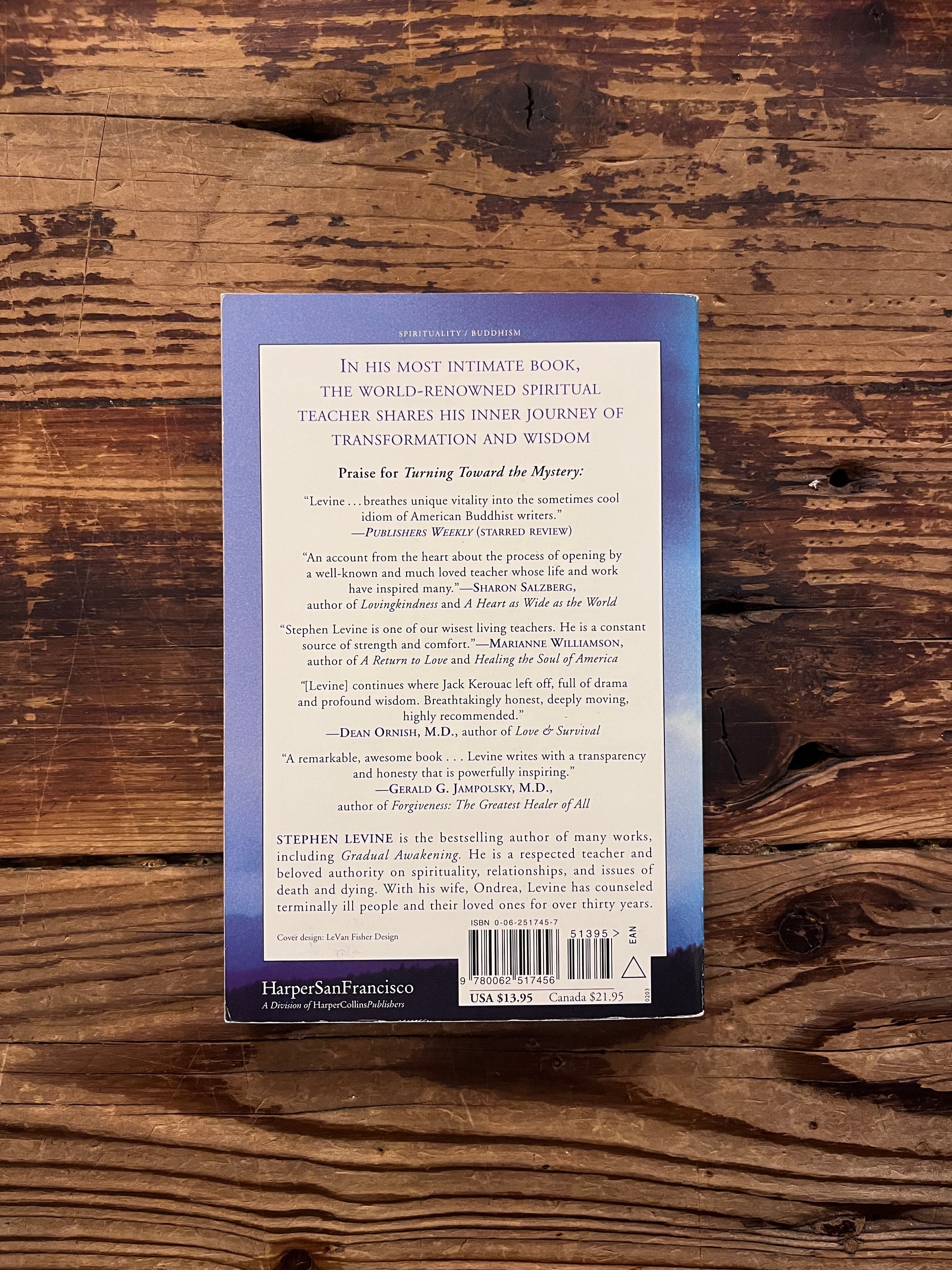 Book titled 'Turning Toward the Mystery' by Stephen Levine on a wooden surface