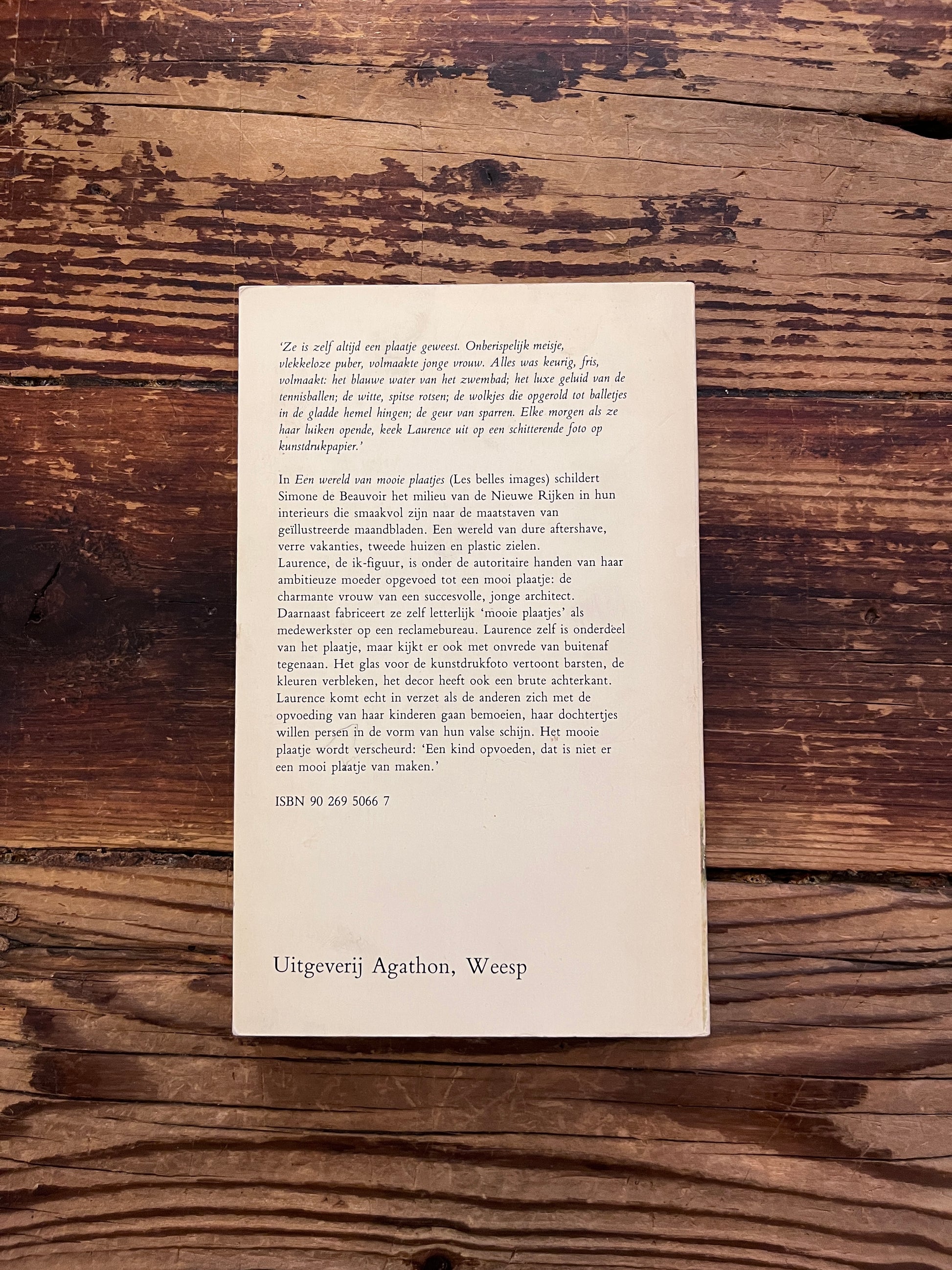 foto van de backcover van het boek "een wereld van mooie plaatjes" op houten achtergrond