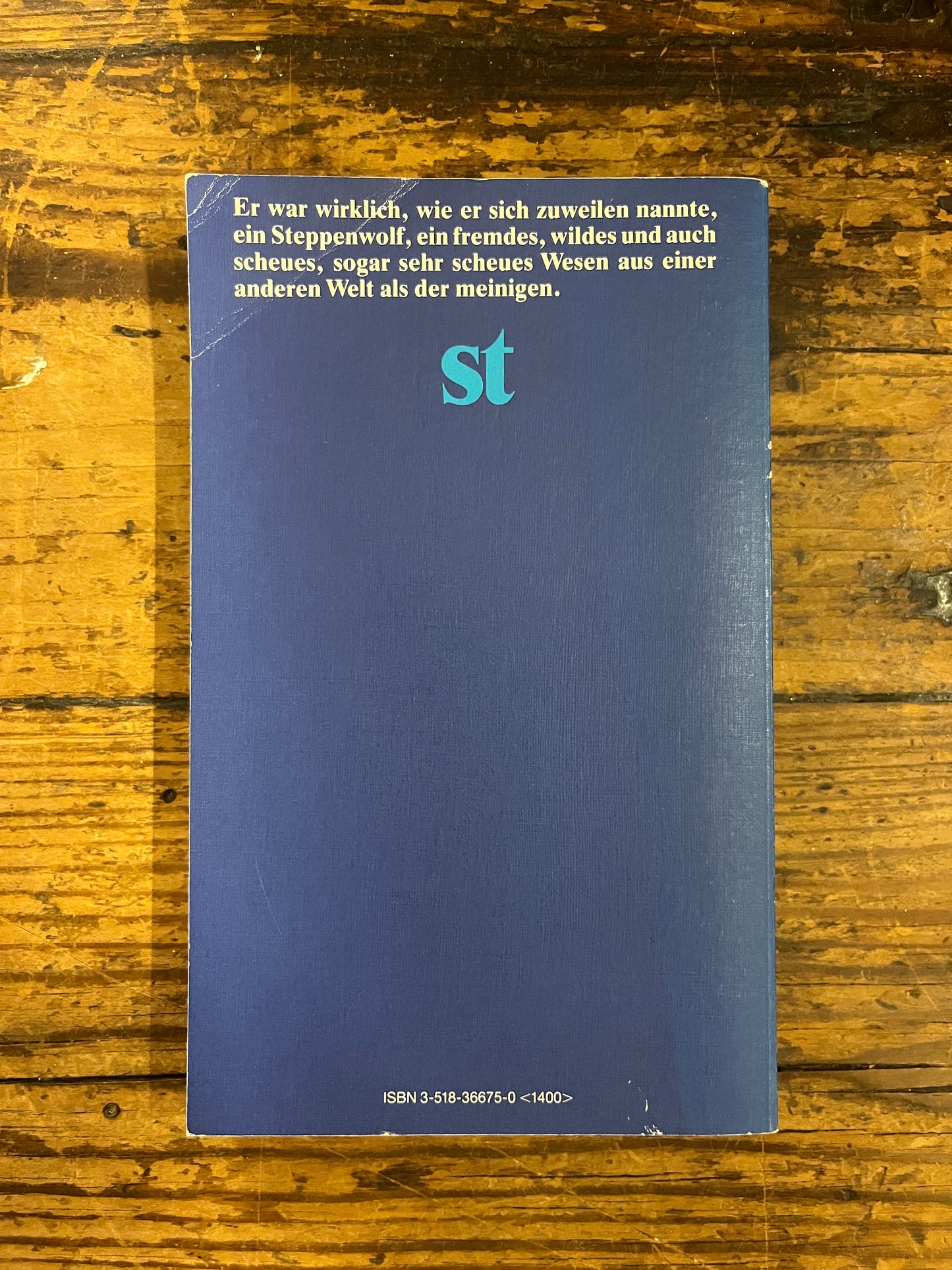 photo of the cover of the book "der steppenwolf"  on a wooden background