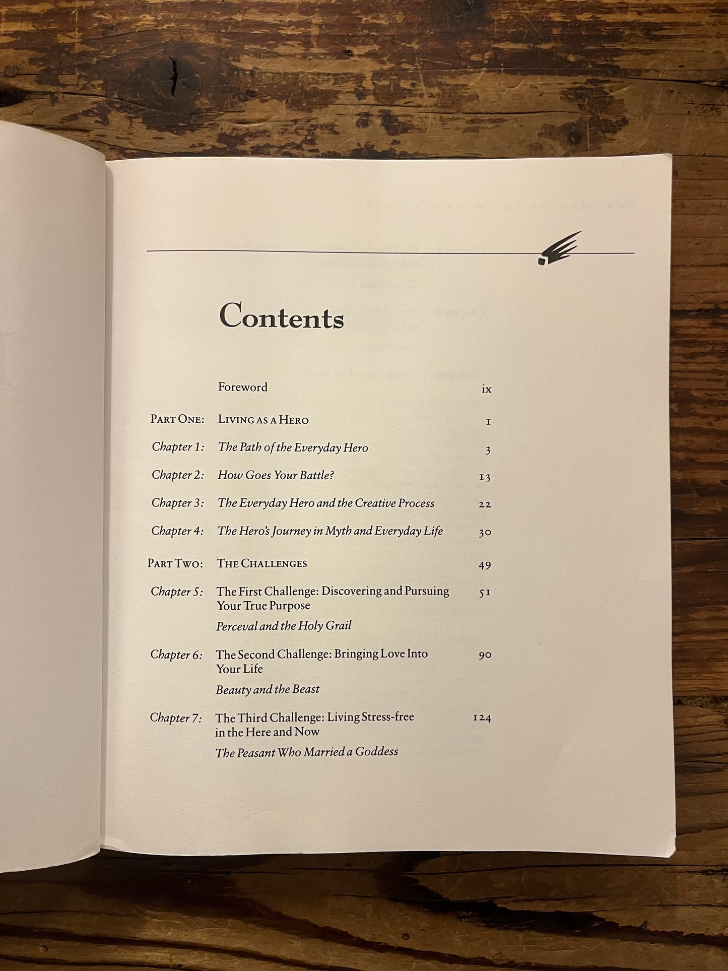 Open book titled 'The Path of the Everyday Hero' on a wooden surface