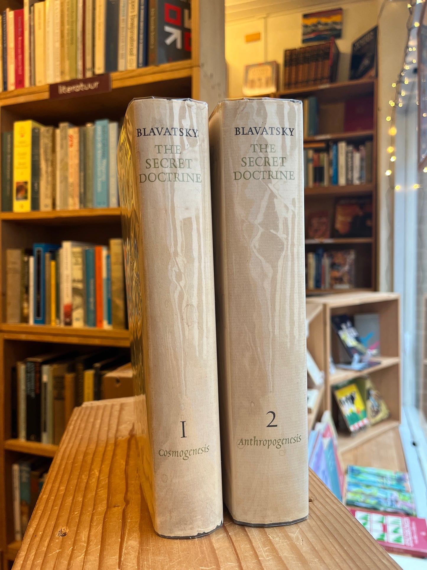 Two books titled 'The Secret Doctrine' by H.P. Blavatsky on a wooden surface.