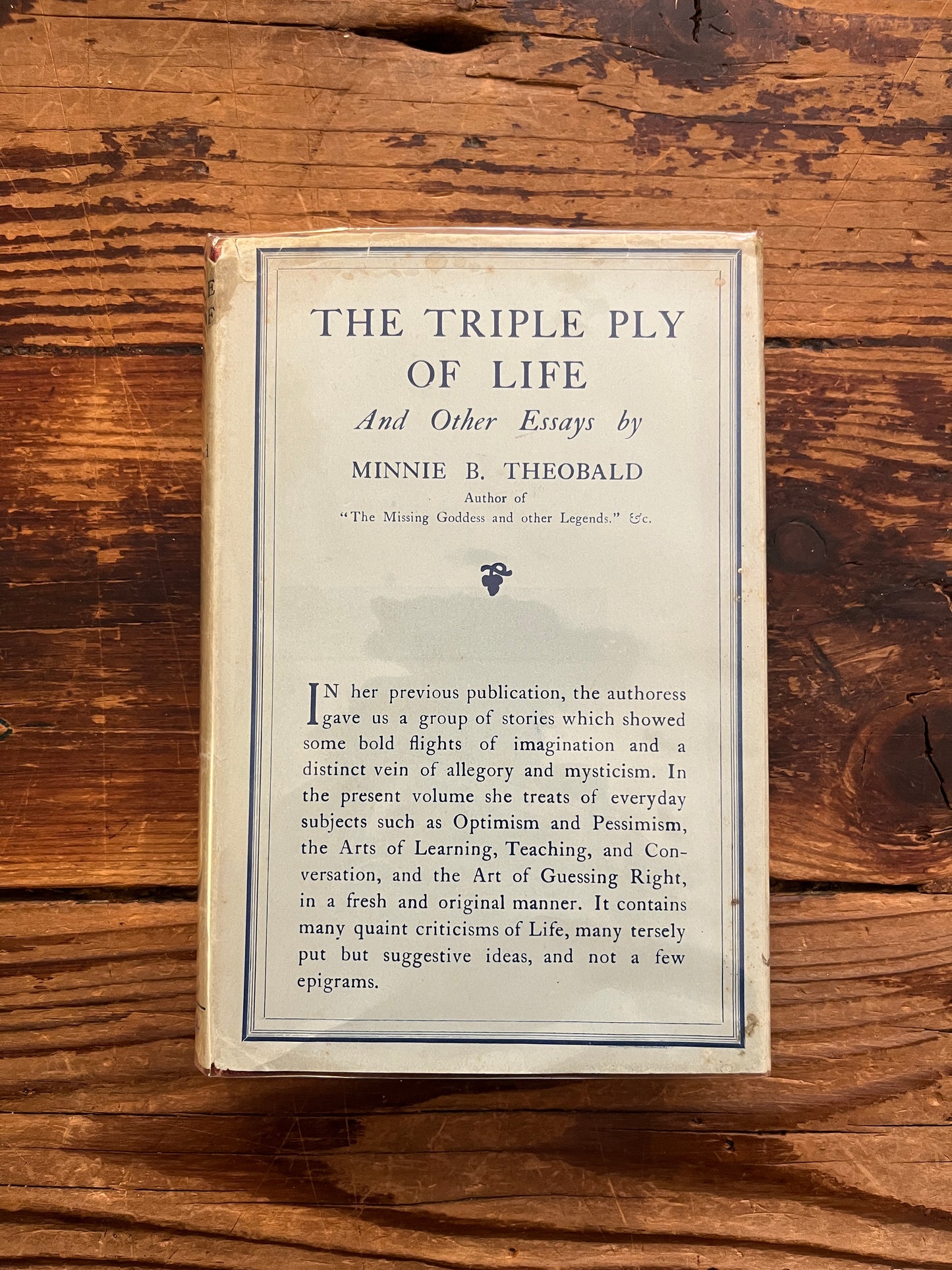 Front cover of book titled 'The Triple Ply of Life' by Minnie E. Theobald on a wooden surface