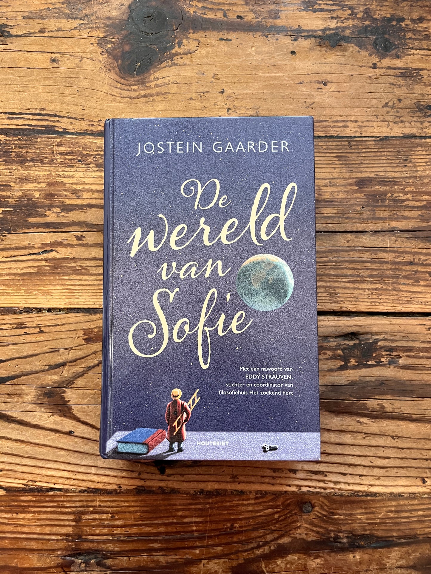 foto van de omslag van het boek  "de wereld van sofie" op houten achtergrond