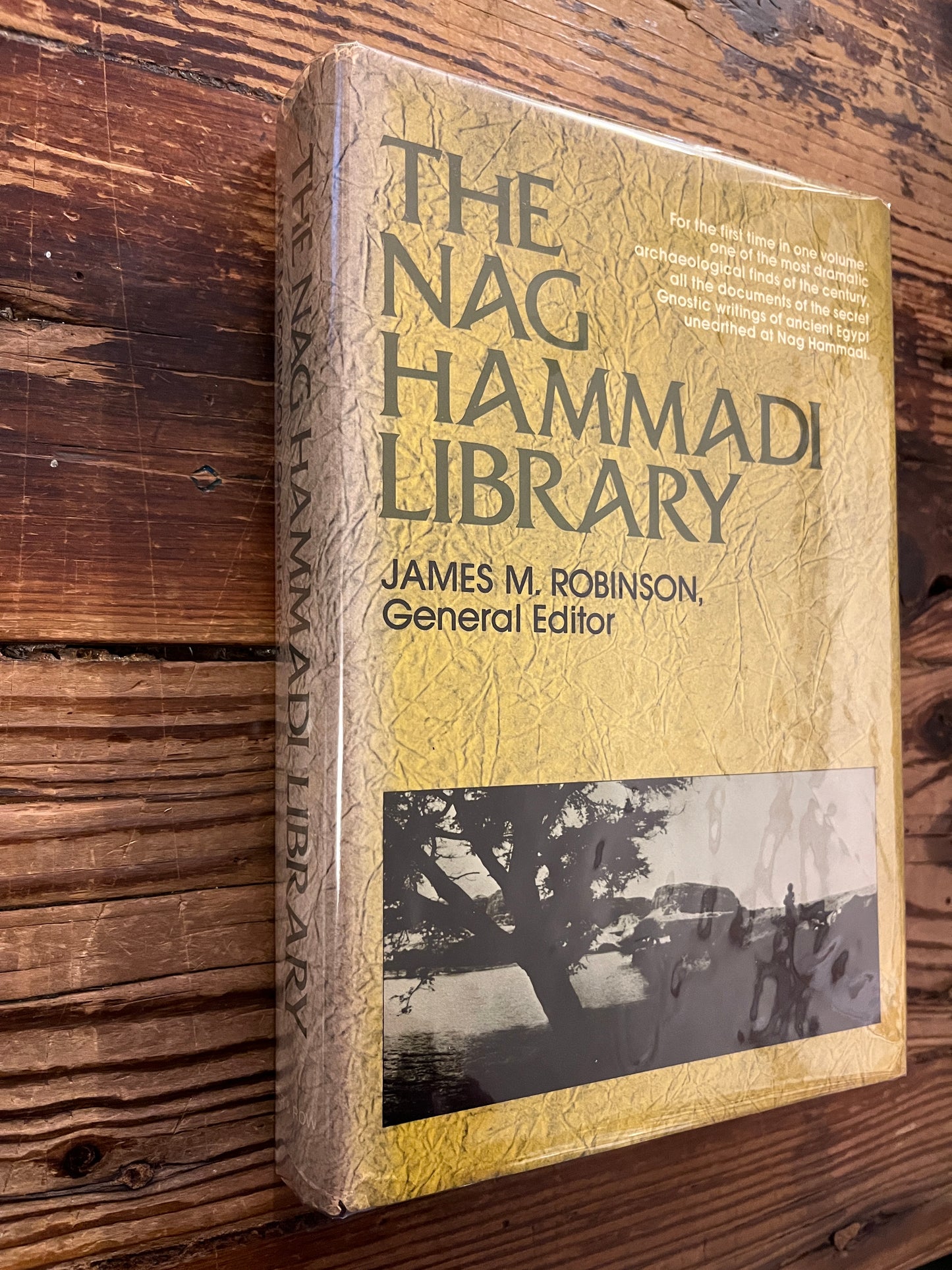 Spine of book titled 'The Nag Hammadi Library in English' on a wooden surface