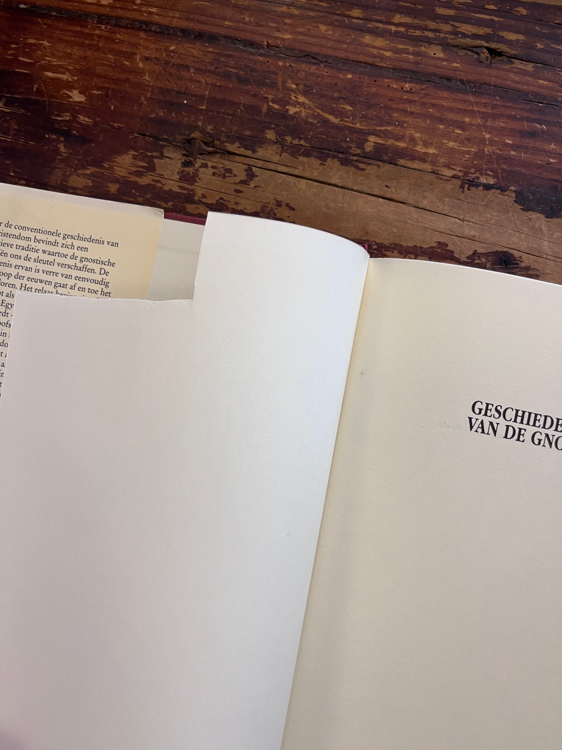 Open boek met de titel 'geschiedenis van de gnosis' door Tobias Churton op een houten achtergrond 