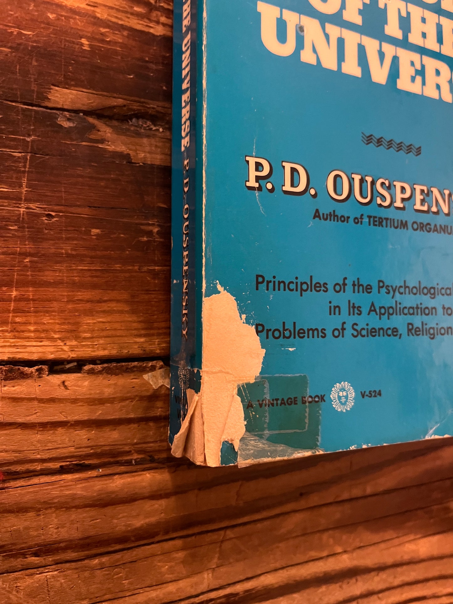 Book titled 'A New Model of the Universe' by P.D. Ouspensky on a wooden surface