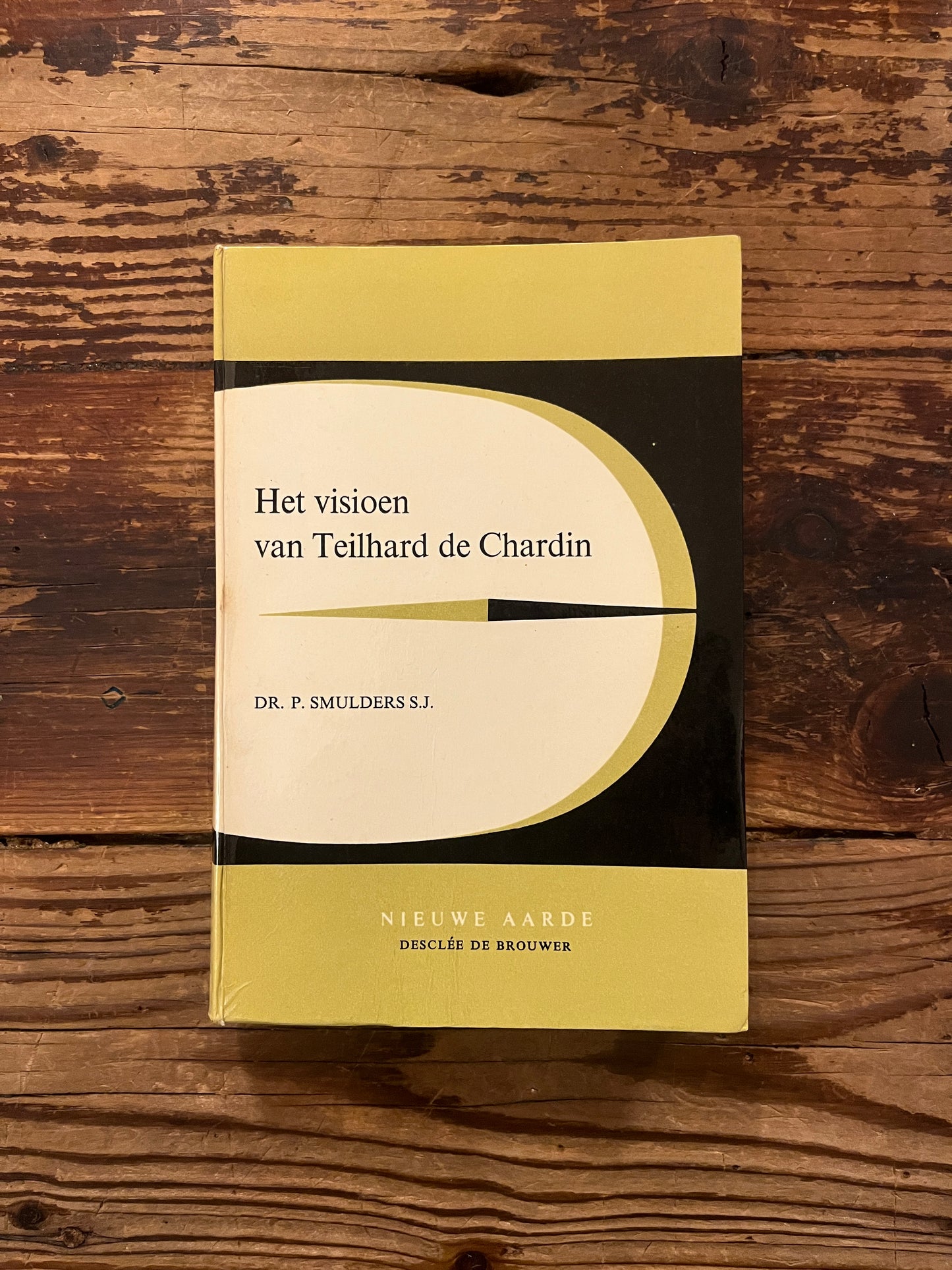 Voorkant van het boek 'het visioen van Teilhard de Chardin' op een houten achtergrond 