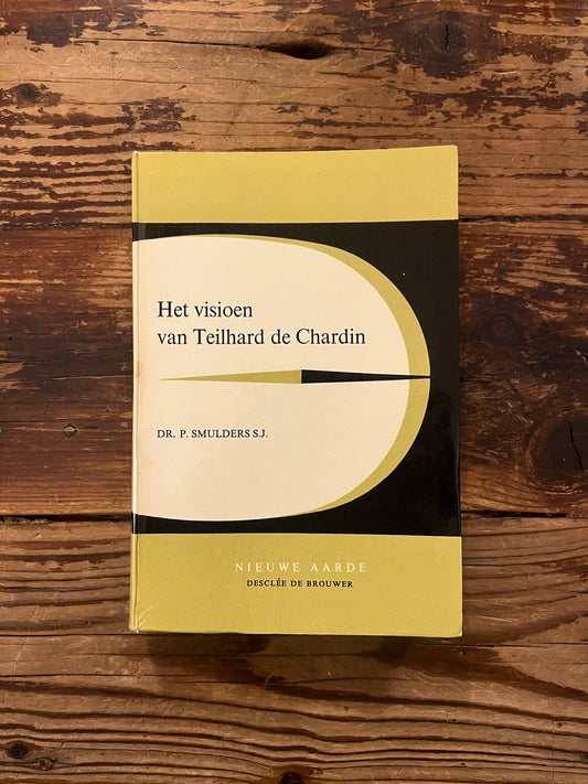 Voorkant van het boek 'het visioen van Teilhard de Chardin' op een houten achtergrond 