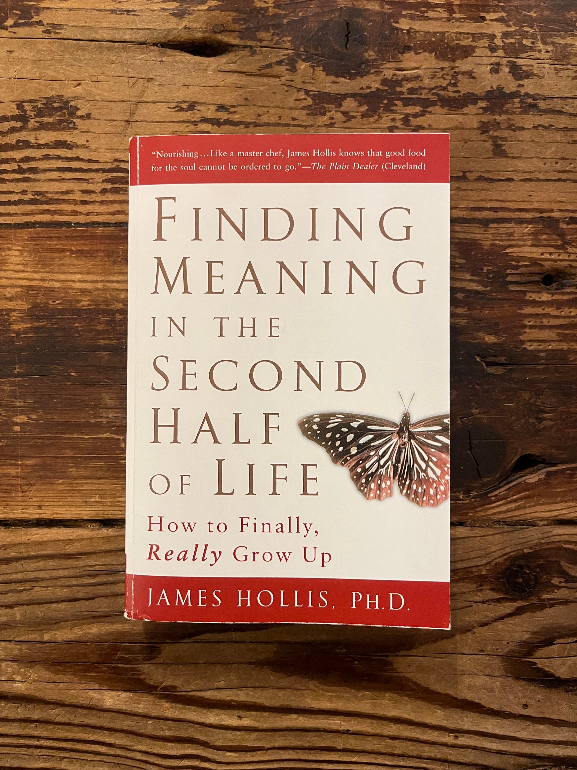 Book titled 'Finding Meaning in the Second Half of Life' by James Hollis on a wooden surface