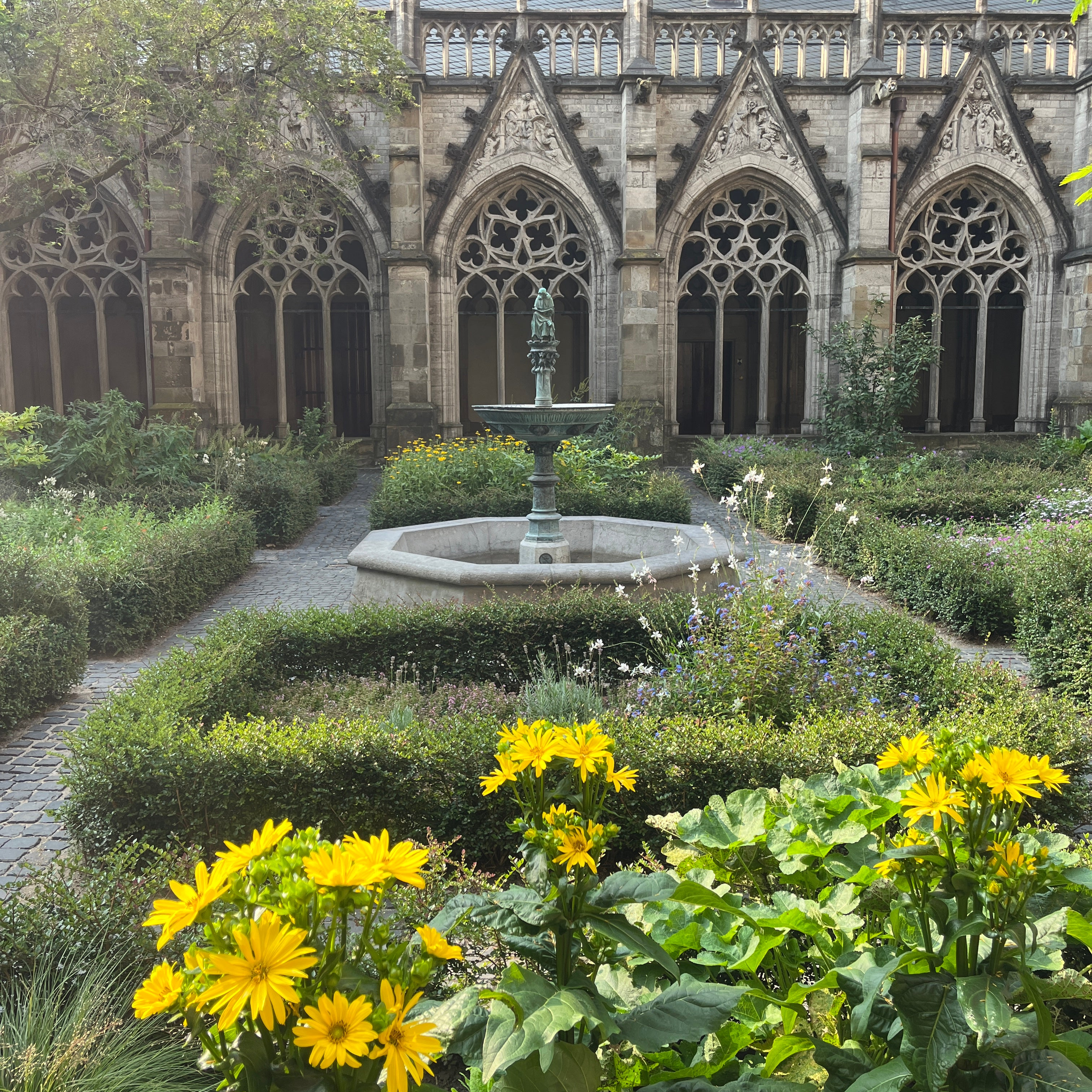 Gothic architecture courtyard with fountain and yellow flowers