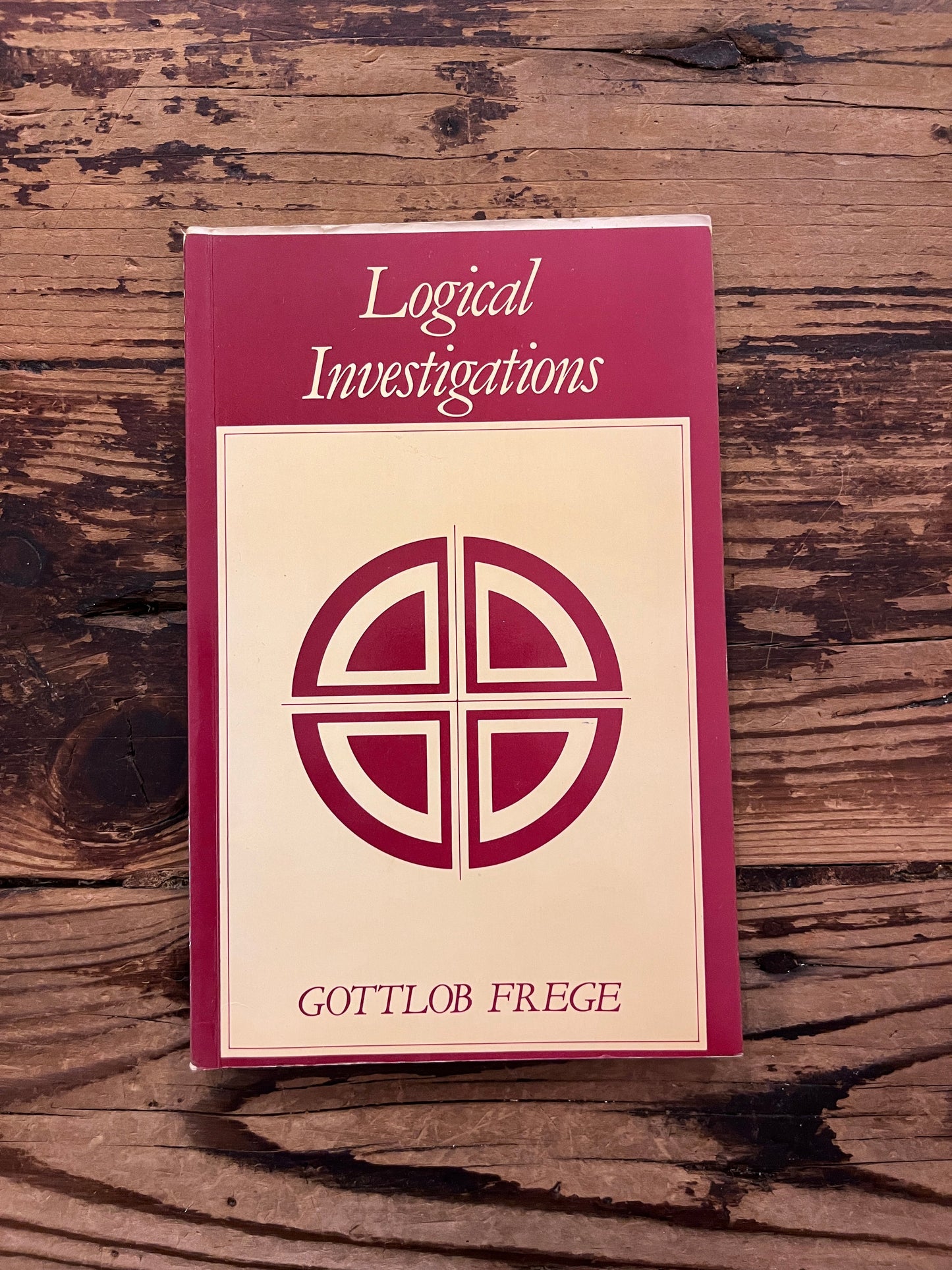 photo of the cover of the book logical investigations" on a wooden background