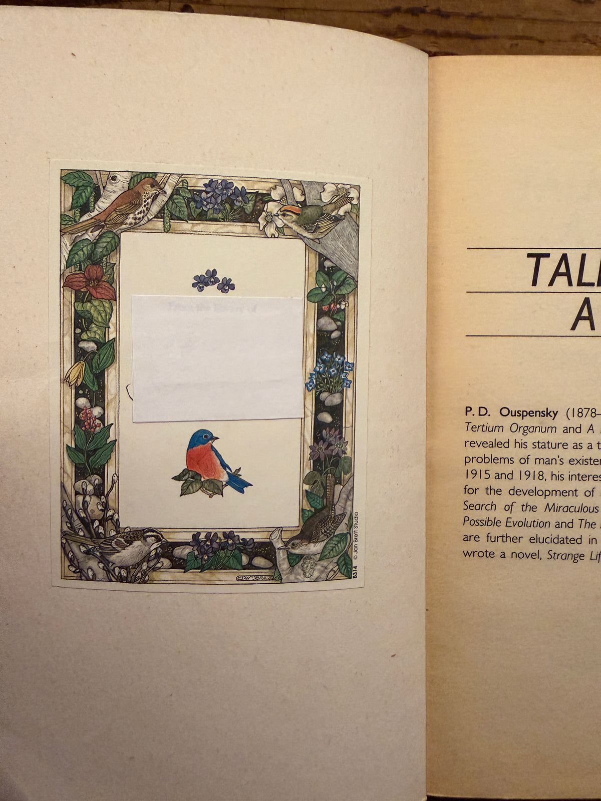 First page of a book titled 'Talks with a Devil' by P.D. Ouspensky, lying on a wooden surface