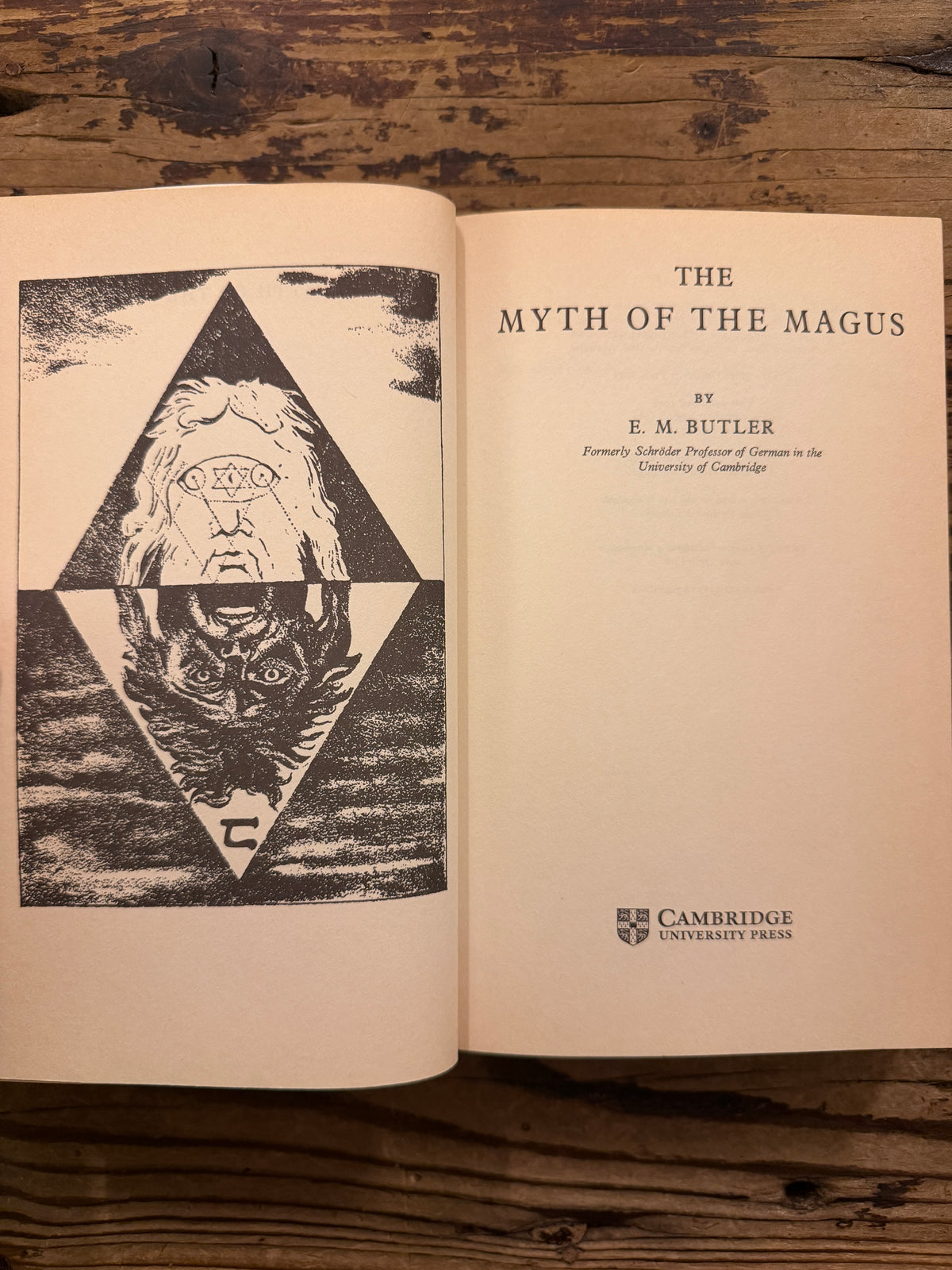 Open book with the title 'The Myth of the Magnus' by E.M. Butler lying on a wooden surface