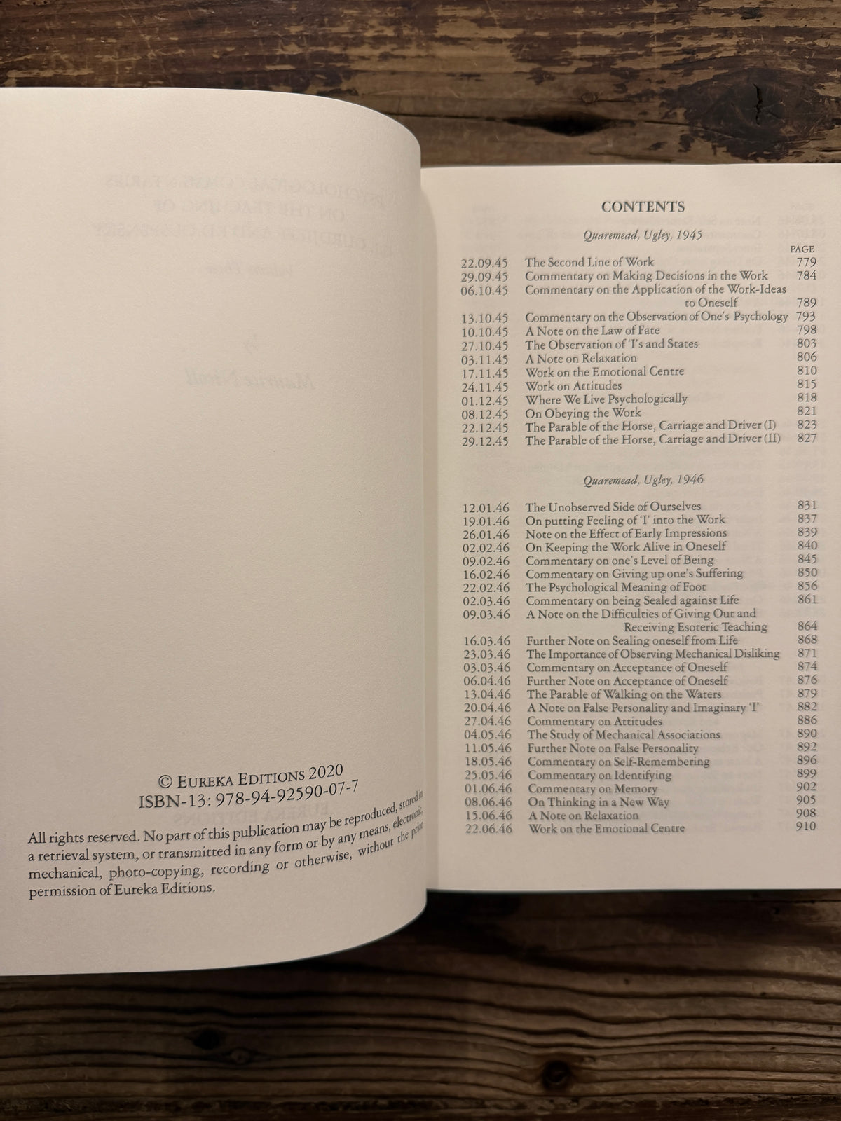  Open book showing the contents of this book, titled 'Psychological commentaries on the teaching of Gurdjieff & Ouspensky, vol III' by Maurice Nicoll on a wooden surface 