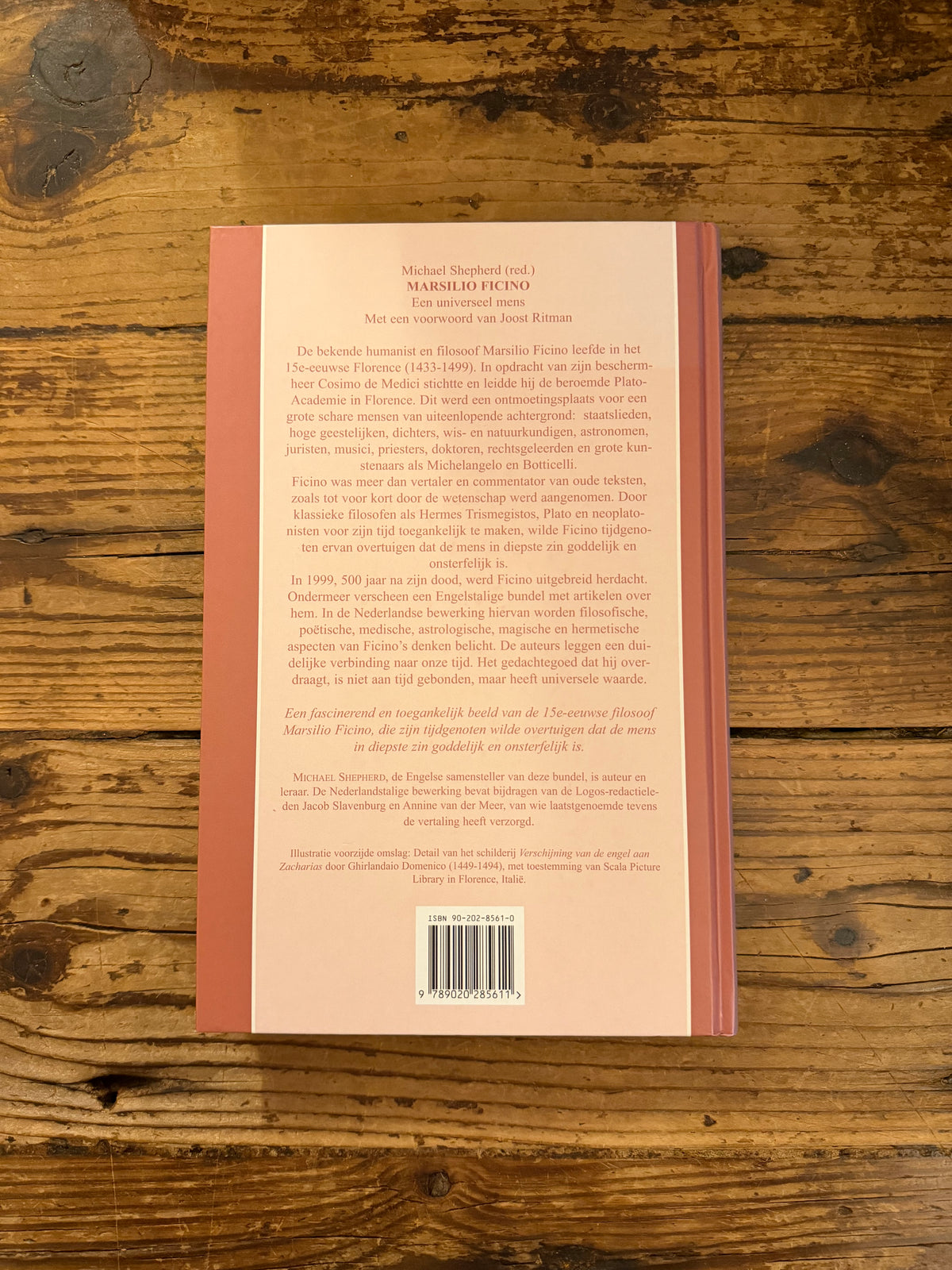 foto van de omslag van het boek "marsilio ficino" op houten achtergrond