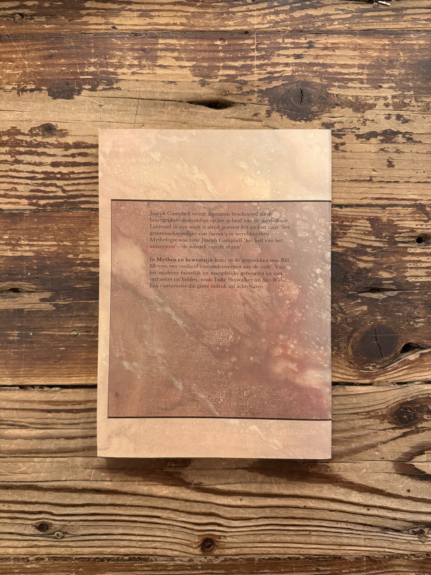 Achterkant van boek met de titel 'mythen & bewustzijn' door Joseph Campbell en Bill Moyers op een houten achtergrond 